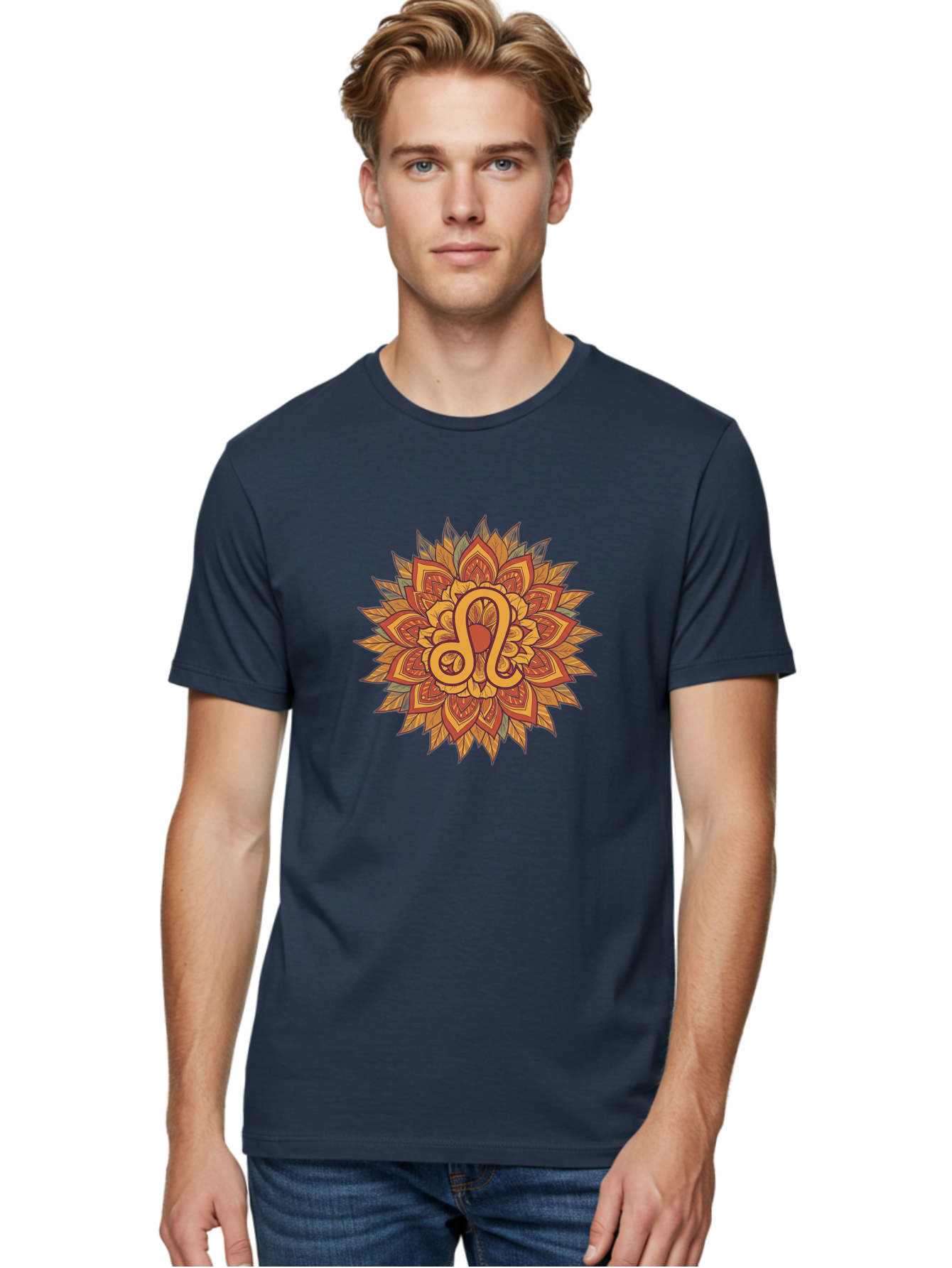 Libra-Symbol-Mandala Men'S Graphic Tee, 100% Cotton, Comfortable Casual Summer Wear, Machine Washable, Libra Symbol, Intricate Mandala Design, Floral Patterns, Orange And Red Hues, Symbolic Representation, Astrological Sign, Zodiac Art, Bae219