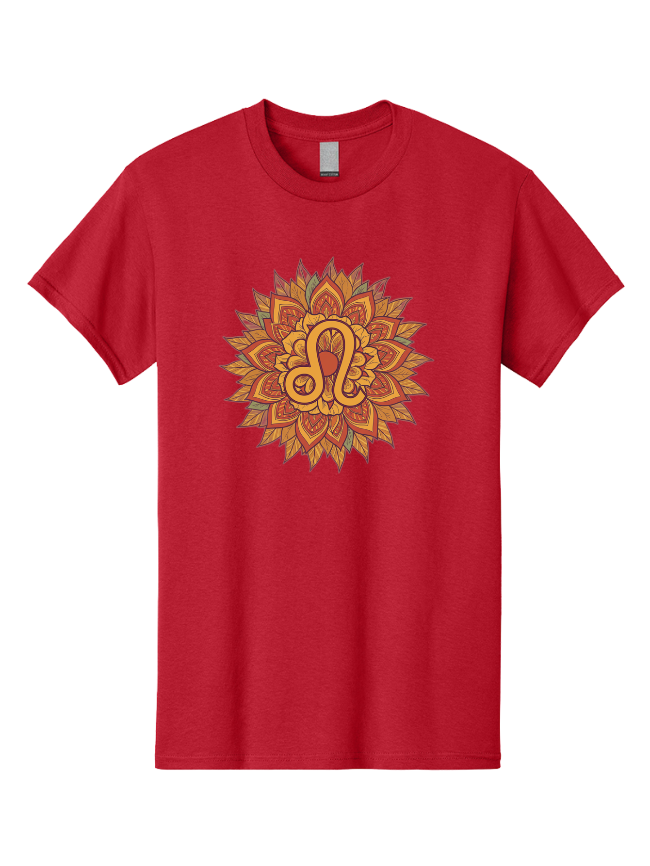 Libra-Symbol-Mandala Men'S Graphic Tee, 100% Cotton, Comfortable Casual Summer Wear, Machine Washable, Libra Symbol, Intricate Mandala Design, Floral Patterns, Orange And Red Hues, Symbolic Representation, Astrological Sign, Zodiac Art, Bae219
