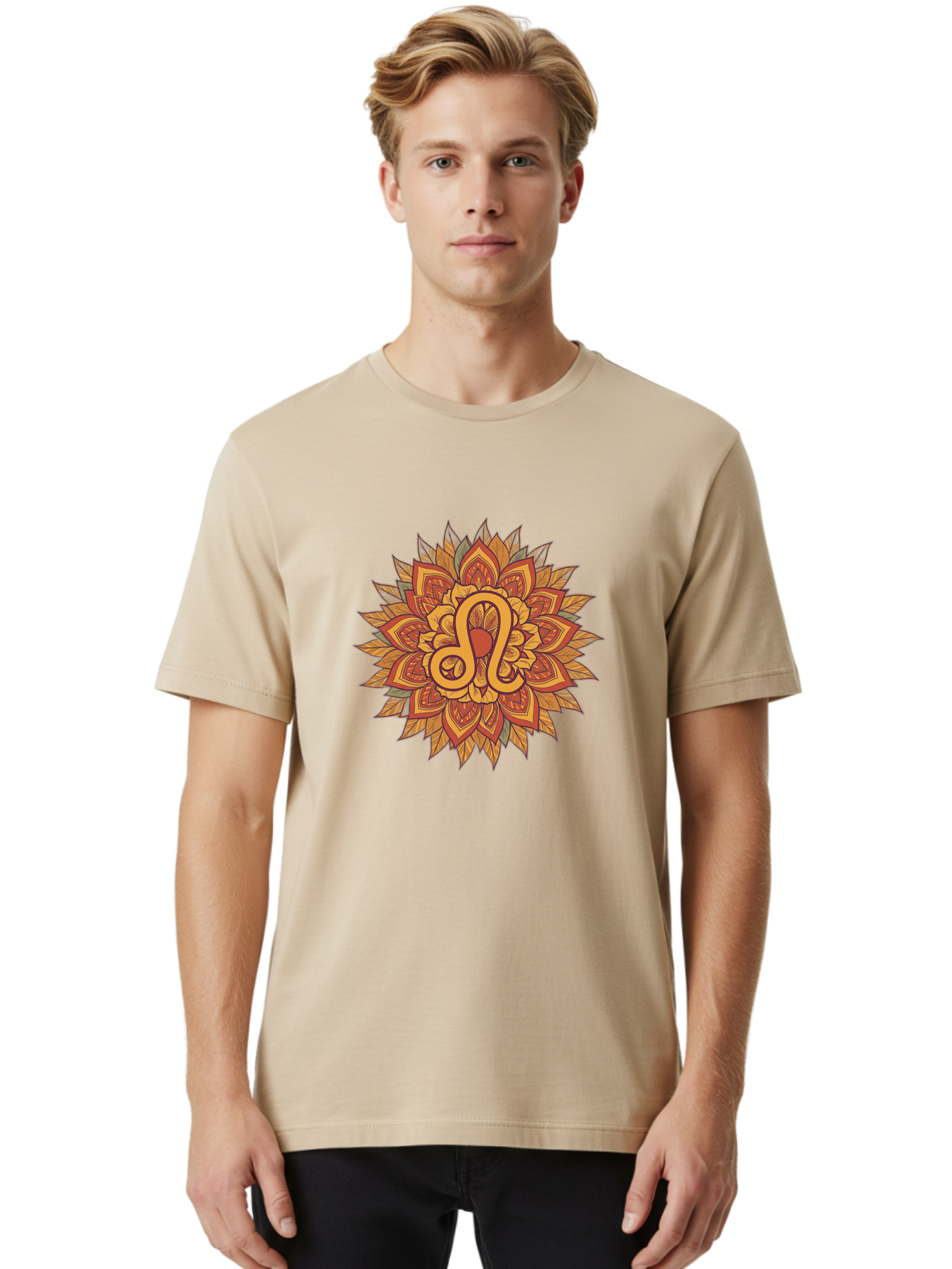 Libra-Symbol-Mandala Men'S Graphic Tee, 100% Cotton, Comfortable Casual Summer Wear, Machine Washable, Libra Symbol, Intricate Mandala Design, Floral Patterns, Orange And Red Hues, Symbolic Representation, Astrological Sign, Zodiac Art, Bae219