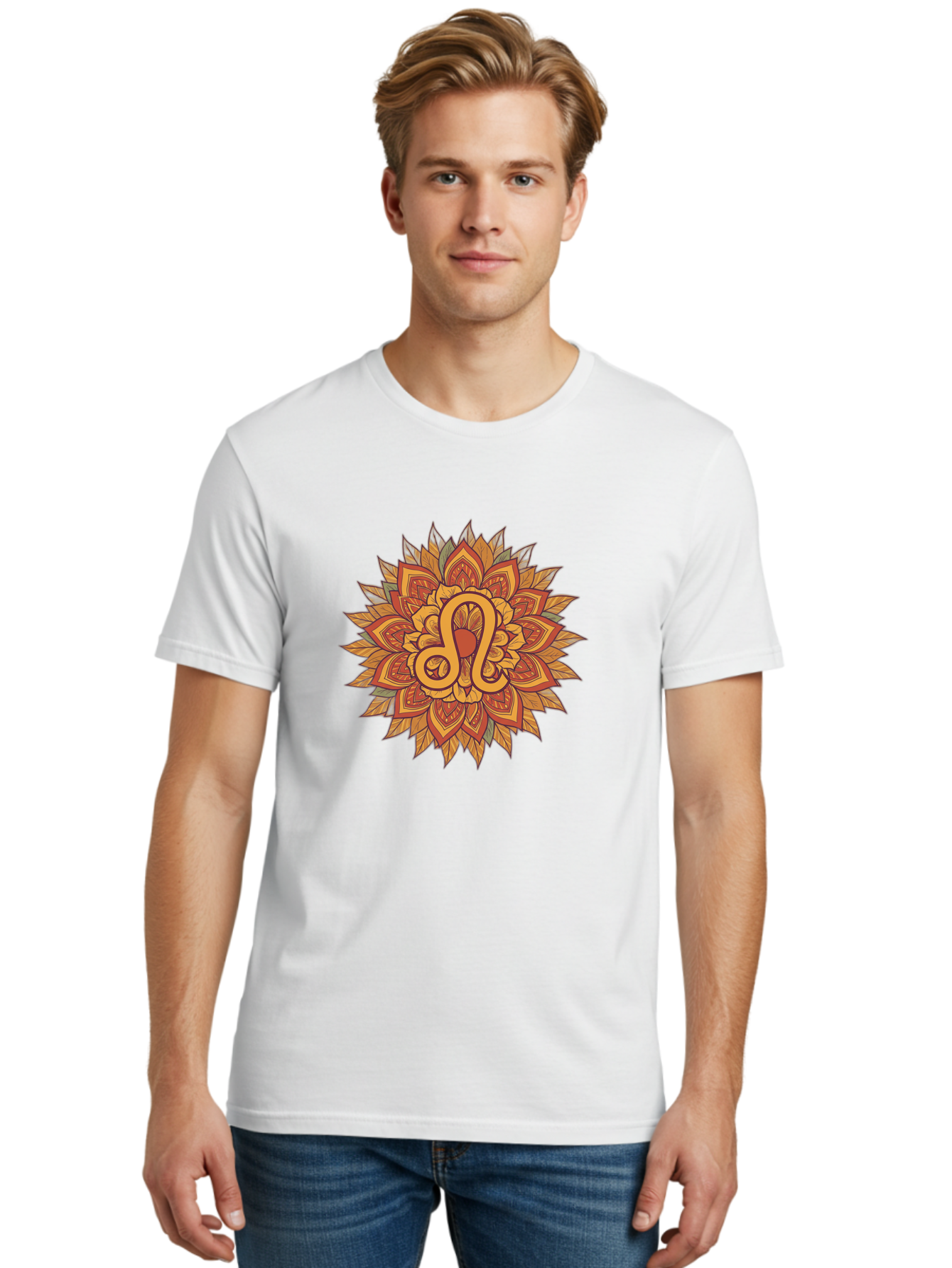 Libra-Symbol-Mandala Men'S Graphic Tee, 100% Cotton, Comfortable Casual Summer Wear, Machine Washable, Libra Symbol, Intricate Mandala Design, Floral Patterns, Orange And Red Hues, Symbolic Representation, Astrological Sign, Zodiac Art, Bae219