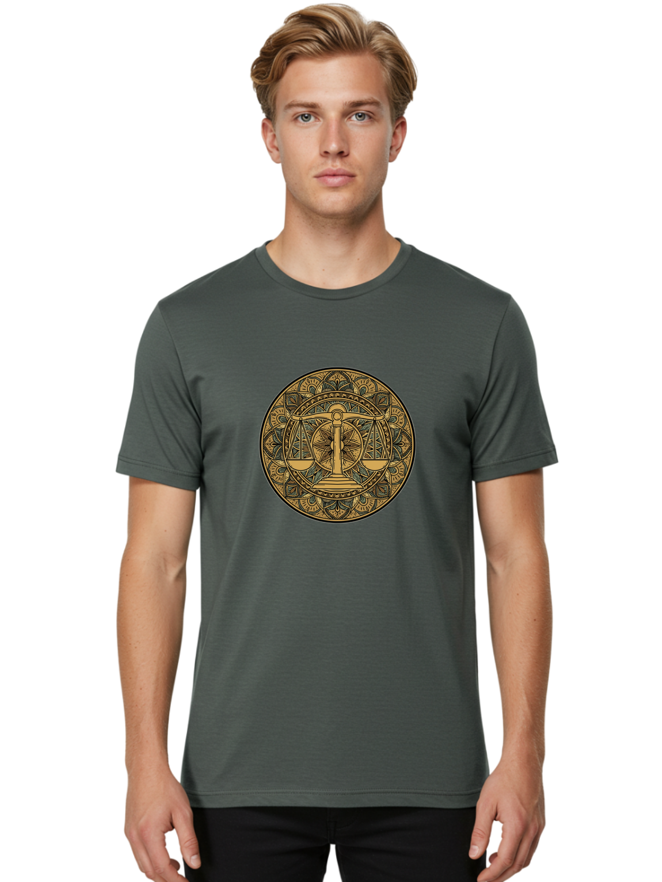 Libra-Symbol Men'S Graphic Tee, 100% Cotton, Comfortable Casual Summer Wear, Machine Washable, Mandala Art, Libra Zodiac Sign, Balance Scales, Intricate Designs, Symbolic Representation, Astrology, Justice, Harmony, Equilibrium, Bae220