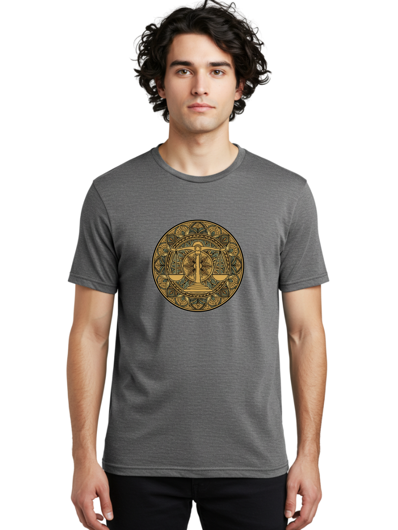 Libra-Symbol Men'S Graphic Tee, 100% Cotton, Comfortable Casual Summer Wear, Machine Washable, Mandala Art, Libra Zodiac Sign, Balance Scales, Intricate Designs, Symbolic Representation, Astrology, Justice, Harmony, Equilibrium, Bae220