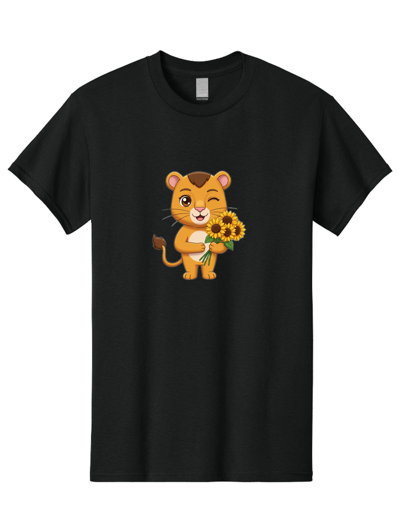 Lion-Holding-Sunflowers Men'S Graphic Tee, 100% Cotton, Comfortable Casual Summer Wear, Machine Washable, Cartoon Lion, Holding Sunflowers, Happy Expression, Cute Character, Yellow Flowers, Smiling Animal, Friendly Creature, Bae221