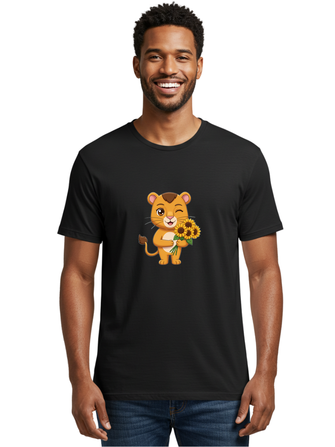 Lion-Holding-Sunflowers Men'S Graphic Tee, 100% Cotton, Comfortable Casual Summer Wear, Machine Washable, Cartoon Lion, Holding Sunflowers, Happy Expression, Cute Character, Yellow Flowers, Smiling Animal, Friendly Creature, Bae221