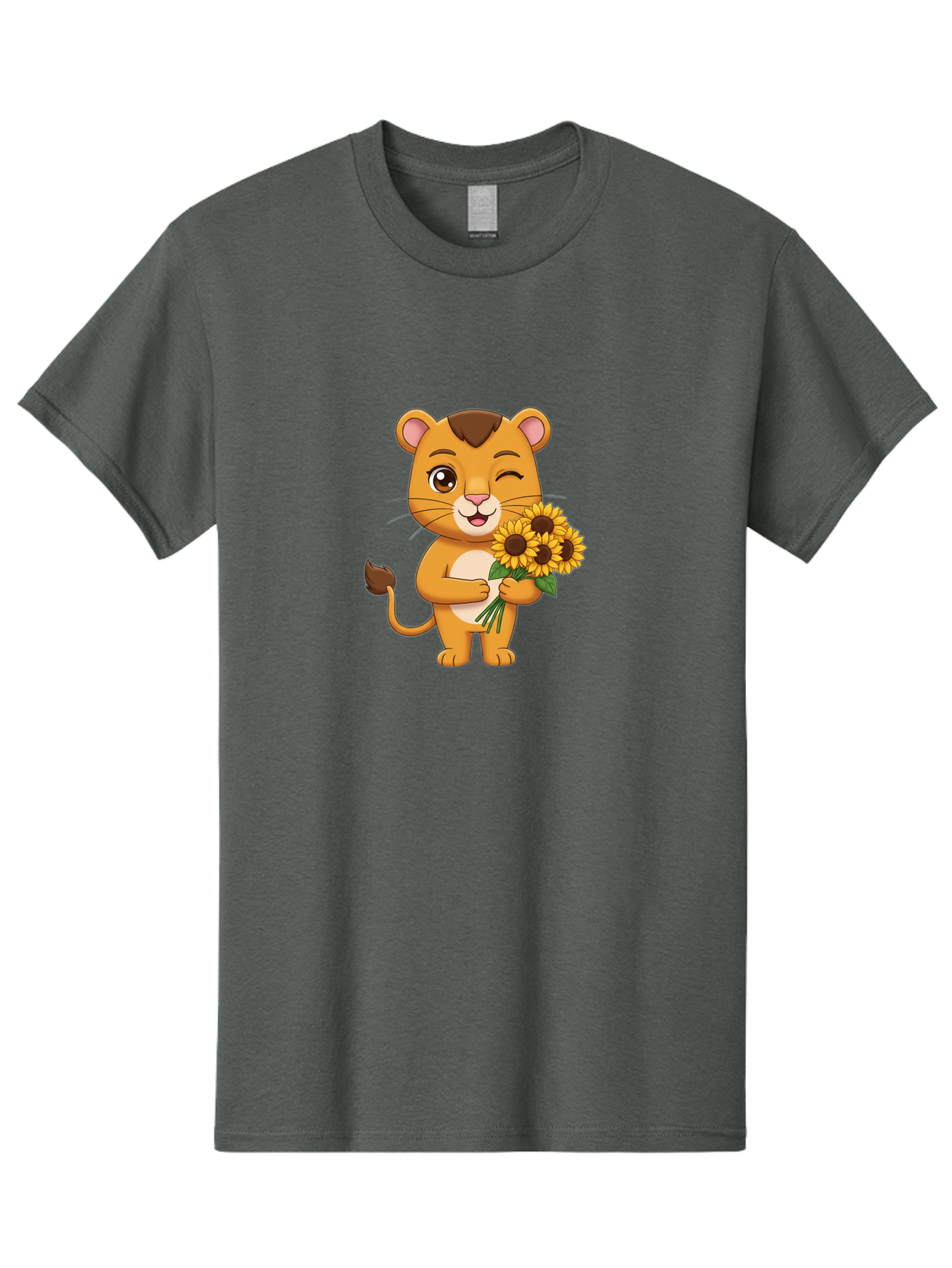 Lion-Holding-Sunflowers Men'S Graphic Tee, 100% Cotton, Comfortable Casual Summer Wear, Machine Washable, Cartoon Lion, Holding Sunflowers, Happy Expression, Cute Character, Yellow Flowers, Smiling Animal, Friendly Creature, Bae221