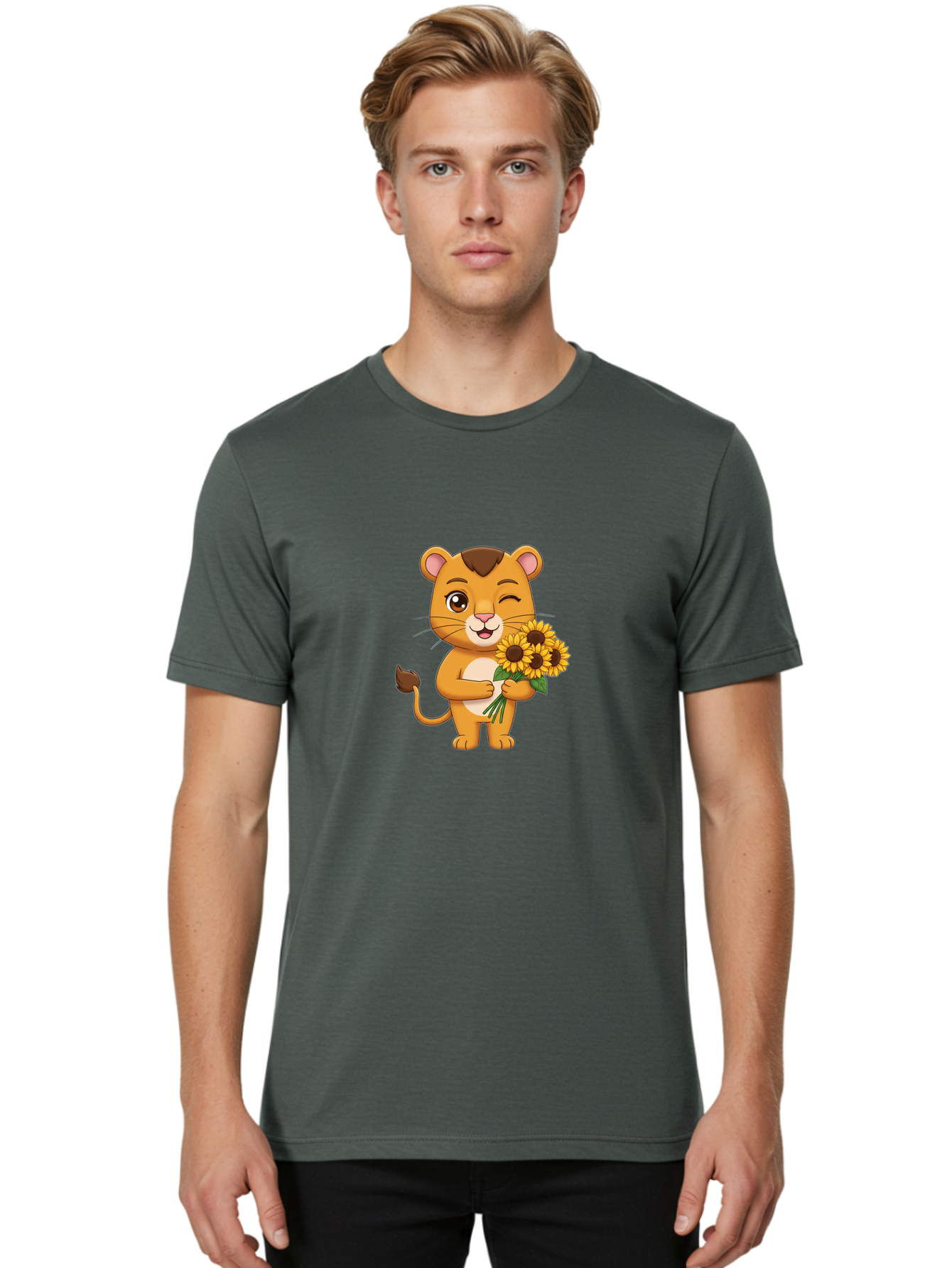Lion-Holding-Sunflowers Men'S Graphic Tee, 100% Cotton, Comfortable Casual Summer Wear, Machine Washable, Cartoon Lion, Holding Sunflowers, Happy Expression, Cute Character, Yellow Flowers, Smiling Animal, Friendly Creature, Bae221