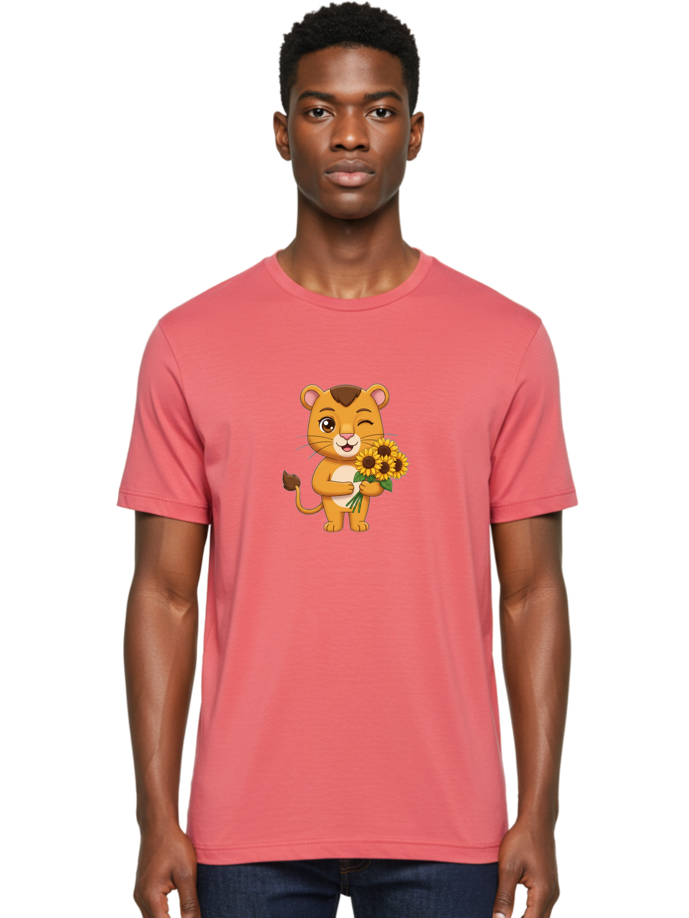 Lion-Holding-Sunflowers Men'S Graphic Tee, 100% Cotton, Comfortable Casual Summer Wear, Machine Washable, Cartoon Lion, Holding Sunflowers, Happy Expression, Cute Character, Yellow Flowers, Smiling Animal, Friendly Creature, Bae221