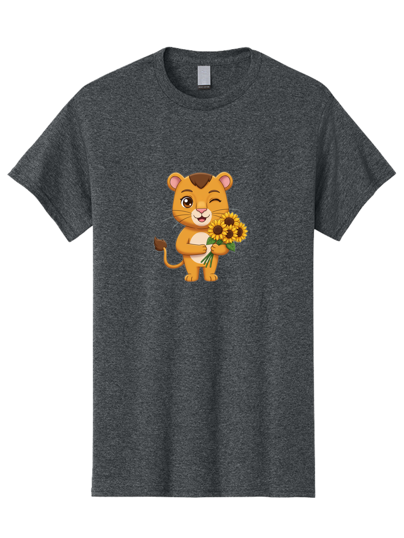 Lion-Holding-Sunflowers Men'S Graphic Tee, 100% Cotton, Comfortable Casual Summer Wear, Machine Washable, Cartoon Lion, Holding Sunflowers, Happy Expression, Cute Character, Yellow Flowers, Smiling Animal, Friendly Creature, Bae221