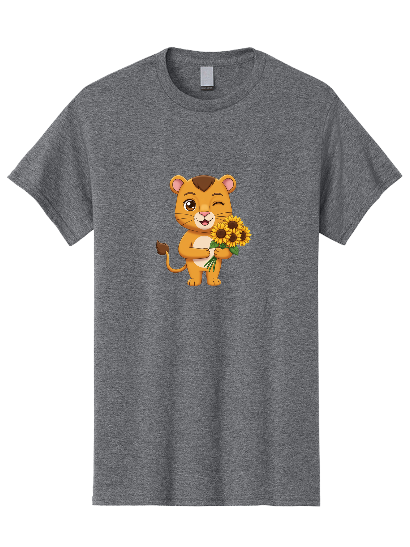 Lion-Holding-Sunflowers Men'S Graphic Tee, 100% Cotton, Comfortable Casual Summer Wear, Machine Washable, Cartoon Lion, Holding Sunflowers, Happy Expression, Cute Character, Yellow Flowers, Smiling Animal, Friendly Creature, Bae221