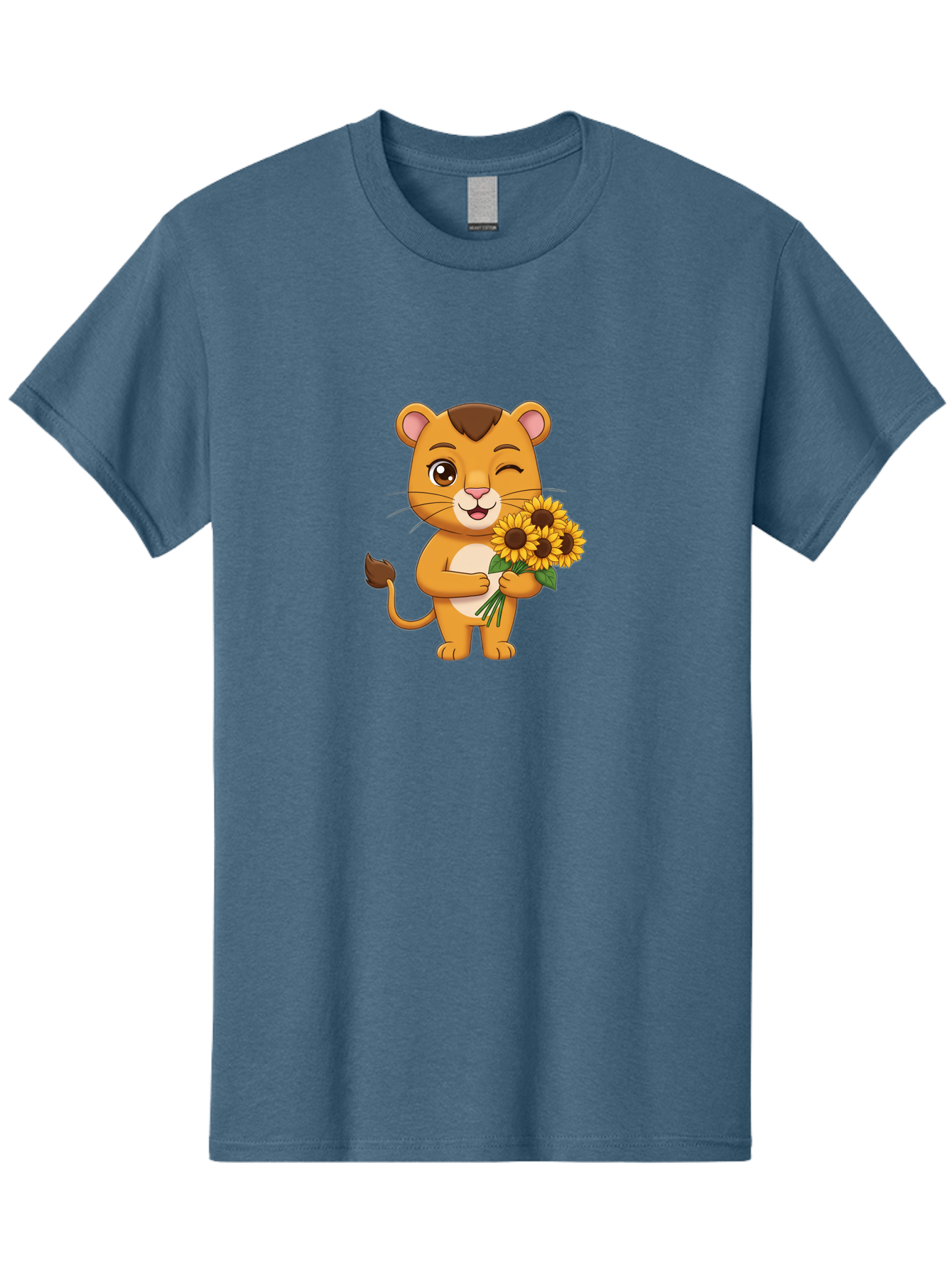 Lion-Holding-Sunflowers Men'S Graphic Tee, 100% Cotton, Comfortable Casual Summer Wear, Machine Washable, Cartoon Lion, Holding Sunflowers, Happy Expression, Cute Character, Yellow Flowers, Smiling Animal, Friendly Creature, Bae221