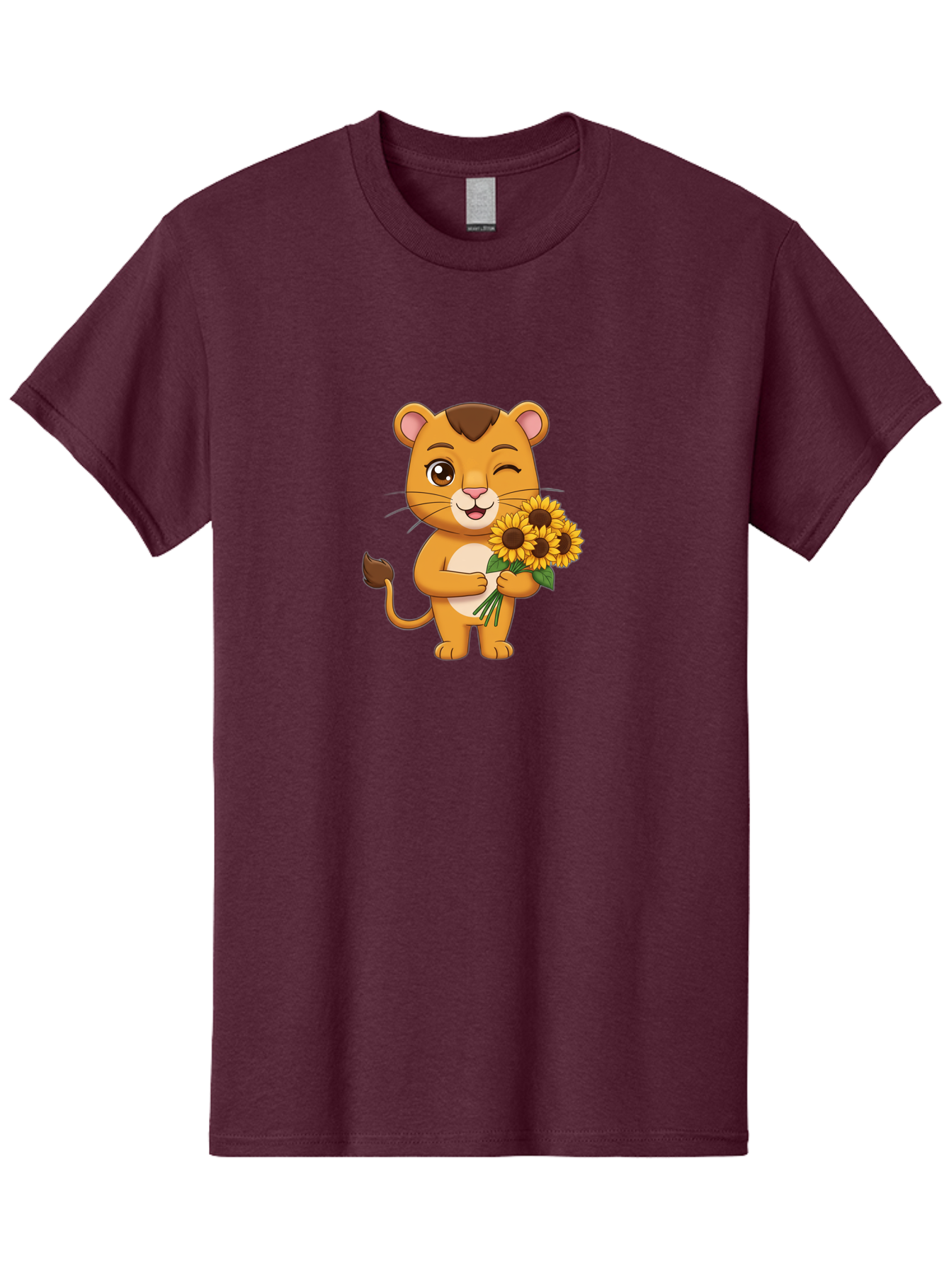 Lion-Holding-Sunflowers Men'S Graphic Tee, 100% Cotton, Comfortable Casual Summer Wear, Machine Washable, Cartoon Lion, Holding Sunflowers, Happy Expression, Cute Character, Yellow Flowers, Smiling Animal, Friendly Creature, Bae221
