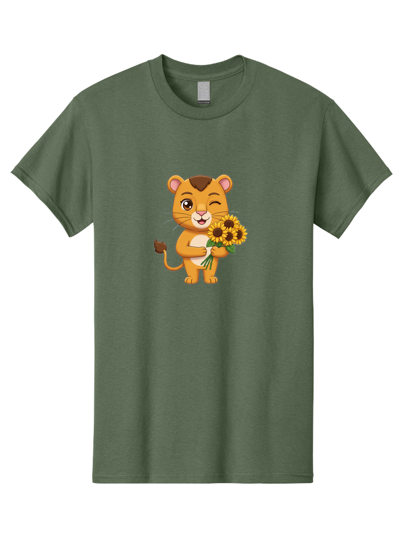 Lion-Holding-Sunflowers Men'S Graphic Tee, 100% Cotton, Comfortable Casual Summer Wear, Machine Washable, Cartoon Lion, Holding Sunflowers, Happy Expression, Cute Character, Yellow Flowers, Smiling Animal, Friendly Creature, Bae221