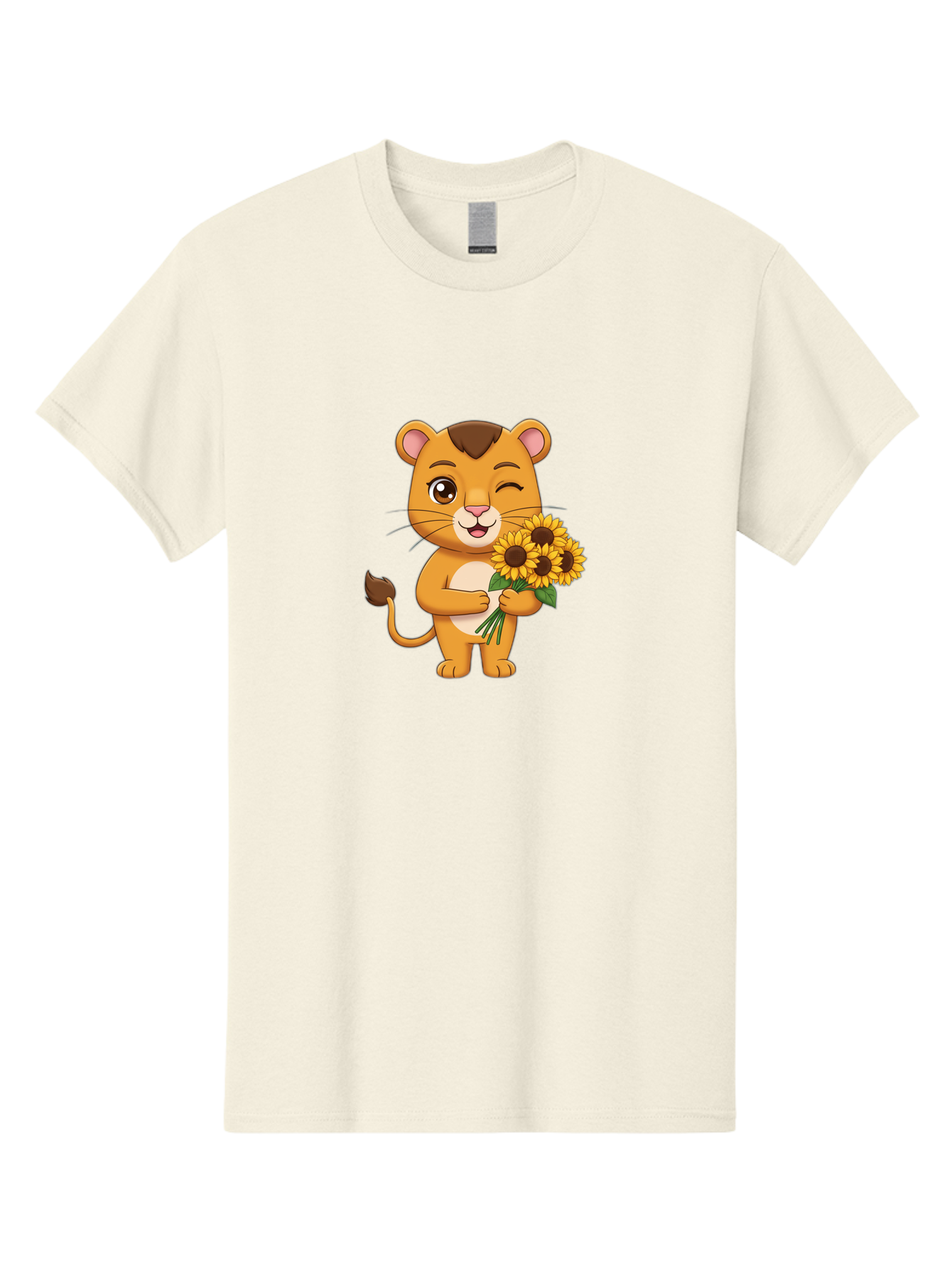 Lion-Holding-Sunflowers Men'S Graphic Tee, 100% Cotton, Comfortable Casual Summer Wear, Machine Washable, Cartoon Lion, Holding Sunflowers, Happy Expression, Cute Character, Yellow Flowers, Smiling Animal, Friendly Creature, Bae221