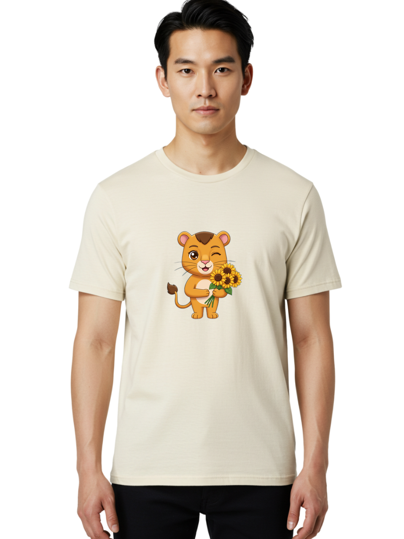 Lion-Holding-Sunflowers Men'S Graphic Tee, 100% Cotton, Comfortable Casual Summer Wear, Machine Washable, Cartoon Lion, Holding Sunflowers, Happy Expression, Cute Character, Yellow Flowers, Smiling Animal, Friendly Creature, Bae221