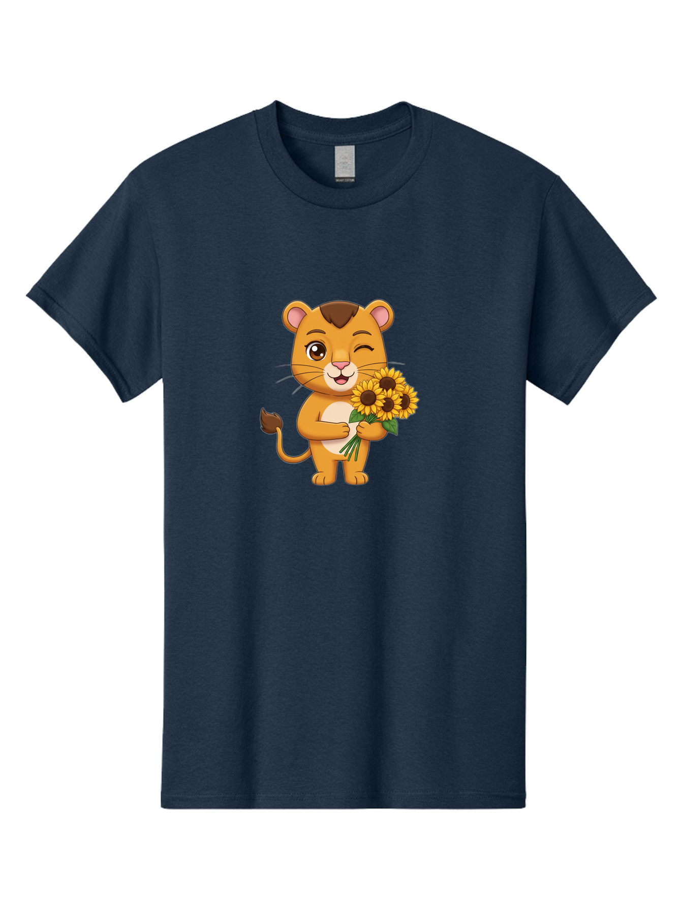Lion-Holding-Sunflowers Men'S Graphic Tee, 100% Cotton, Comfortable Casual Summer Wear, Machine Washable, Cartoon Lion, Holding Sunflowers, Happy Expression, Cute Character, Yellow Flowers, Smiling Animal, Friendly Creature, Bae221
