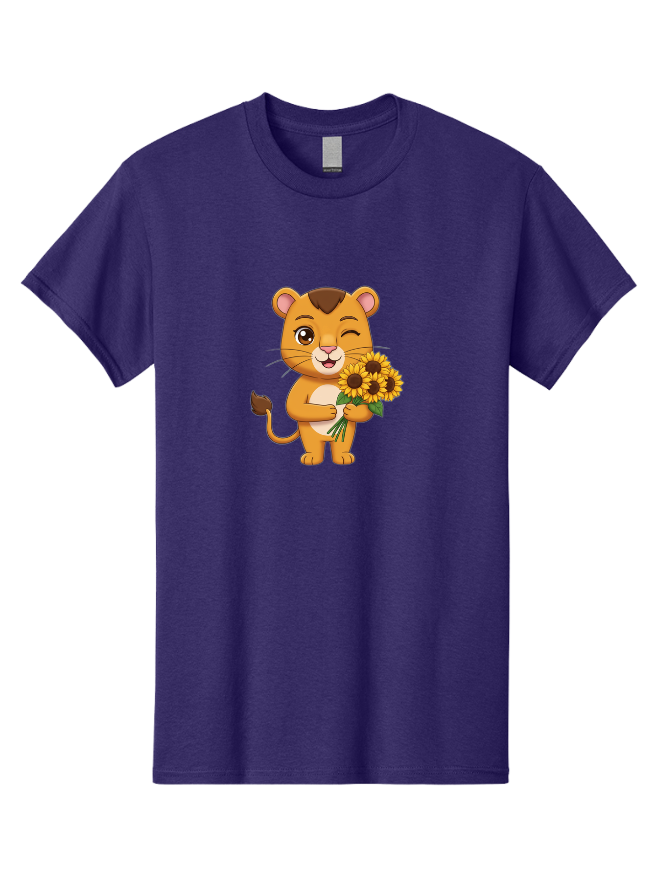 Lion-Holding-Sunflowers Men'S Graphic Tee, 100% Cotton, Comfortable Casual Summer Wear, Machine Washable, Cartoon Lion, Holding Sunflowers, Happy Expression, Cute Character, Yellow Flowers, Smiling Animal, Friendly Creature, Bae221