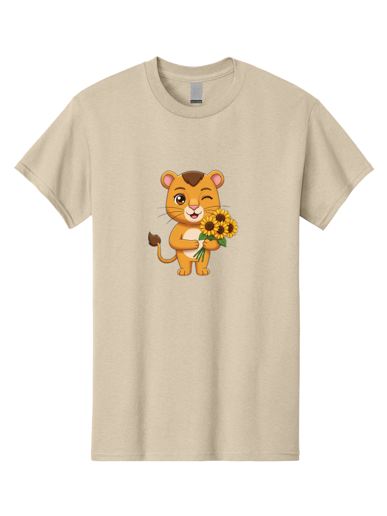Lion-Holding-Sunflowers Men'S Graphic Tee, 100% Cotton, Comfortable Casual Summer Wear, Machine Washable, Cartoon Lion, Holding Sunflowers, Happy Expression, Cute Character, Yellow Flowers, Smiling Animal, Friendly Creature, Bae221