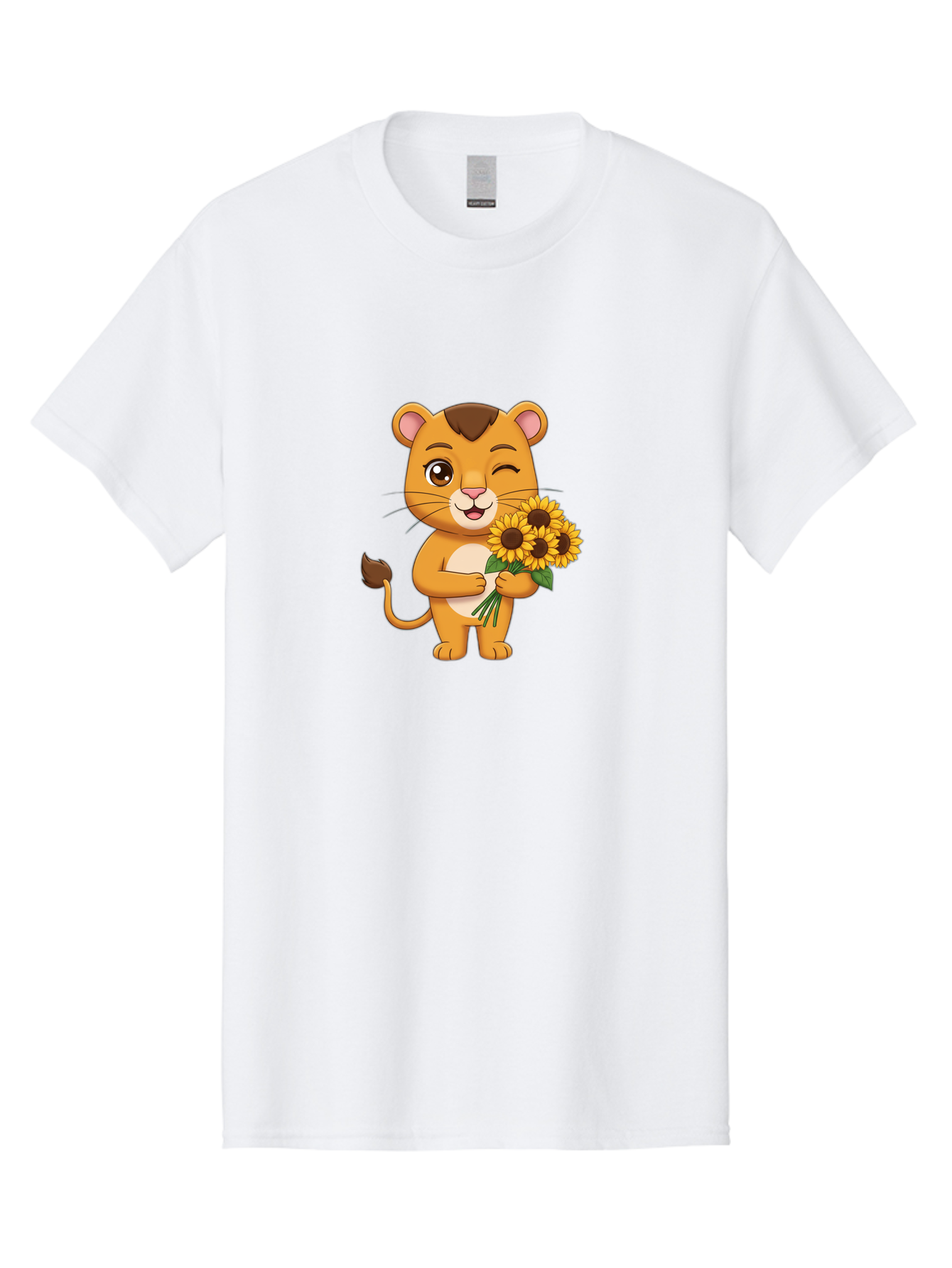 Lion-Holding-Sunflowers Men'S Graphic Tee, 100% Cotton, Comfortable Casual Summer Wear, Machine Washable, Cartoon Lion, Holding Sunflowers, Happy Expression, Cute Character, Yellow Flowers, Smiling Animal, Friendly Creature, Bae221