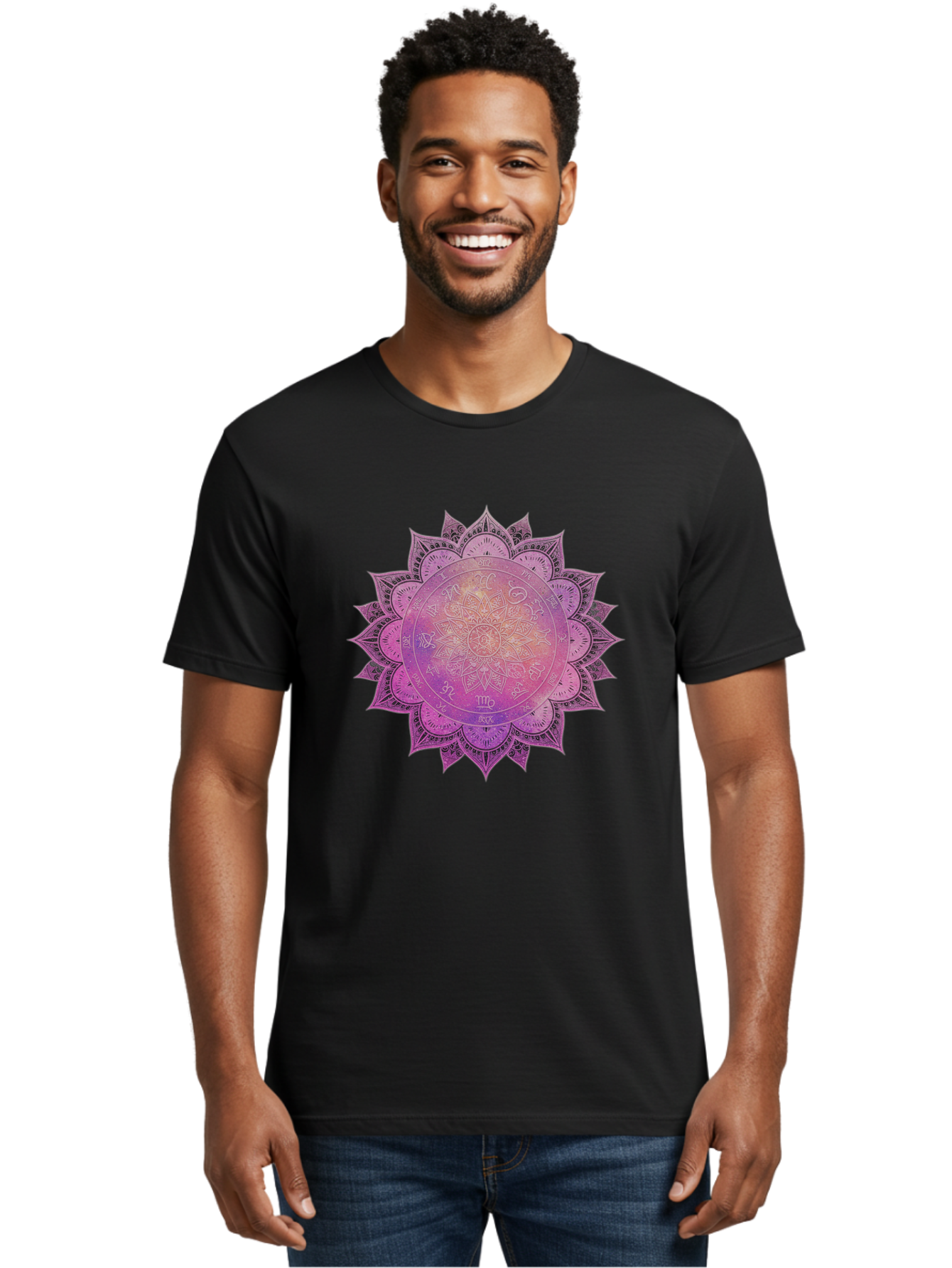 Lotus-Flower-Mandala Men'S Graphic Tee, 100% Cotton, Comfortable Casual Summer Wear, Machine Washable, Sacred Geometry, Spiritual Symbols, Mystical Art, Intricate Patterns, Mandala Design, Purple Hues, Symbolic Representation, Bae223