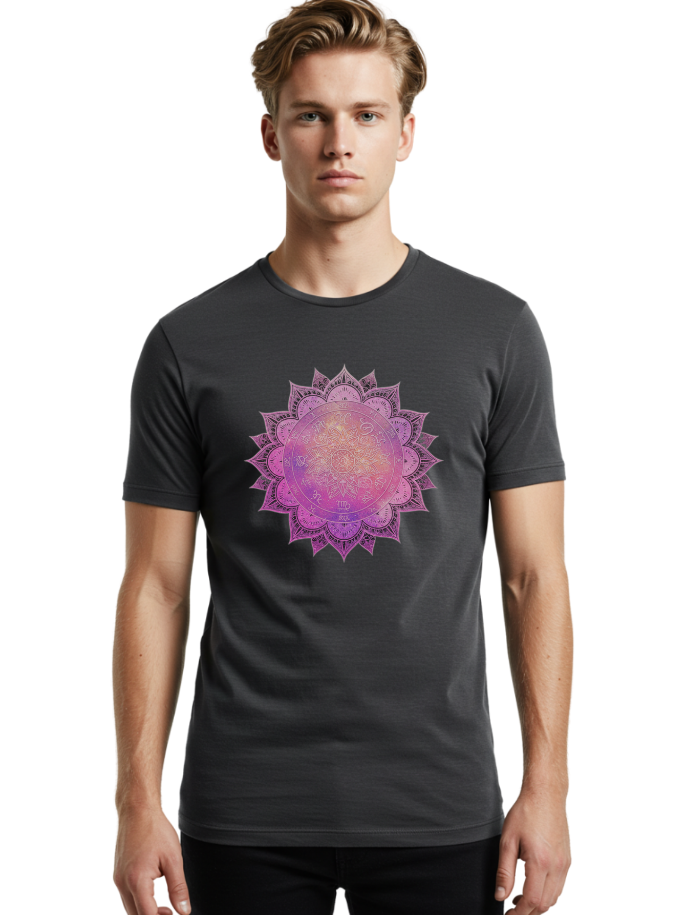 Lotus-Flower-Mandala Men'S Graphic Tee, 100% Cotton, Comfortable Casual Summer Wear, Machine Washable, Sacred Geometry, Spiritual Symbols, Mystical Art, Intricate Patterns, Mandala Design, Purple Hues, Symbolic Representation, Bae223