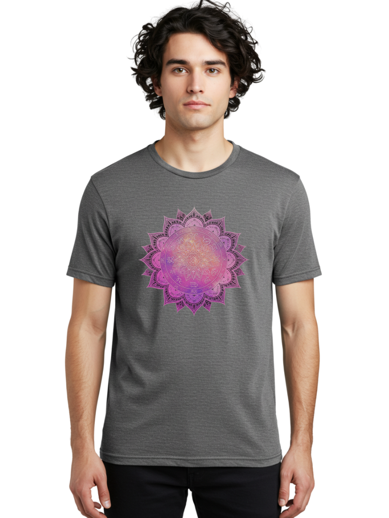 Lotus-Flower-Mandala Men'S Graphic Tee, 100% Cotton, Comfortable Casual Summer Wear, Machine Washable, Sacred Geometry, Spiritual Symbols, Mystical Art, Intricate Patterns, Mandala Design, Purple Hues, Symbolic Representation, Bae223