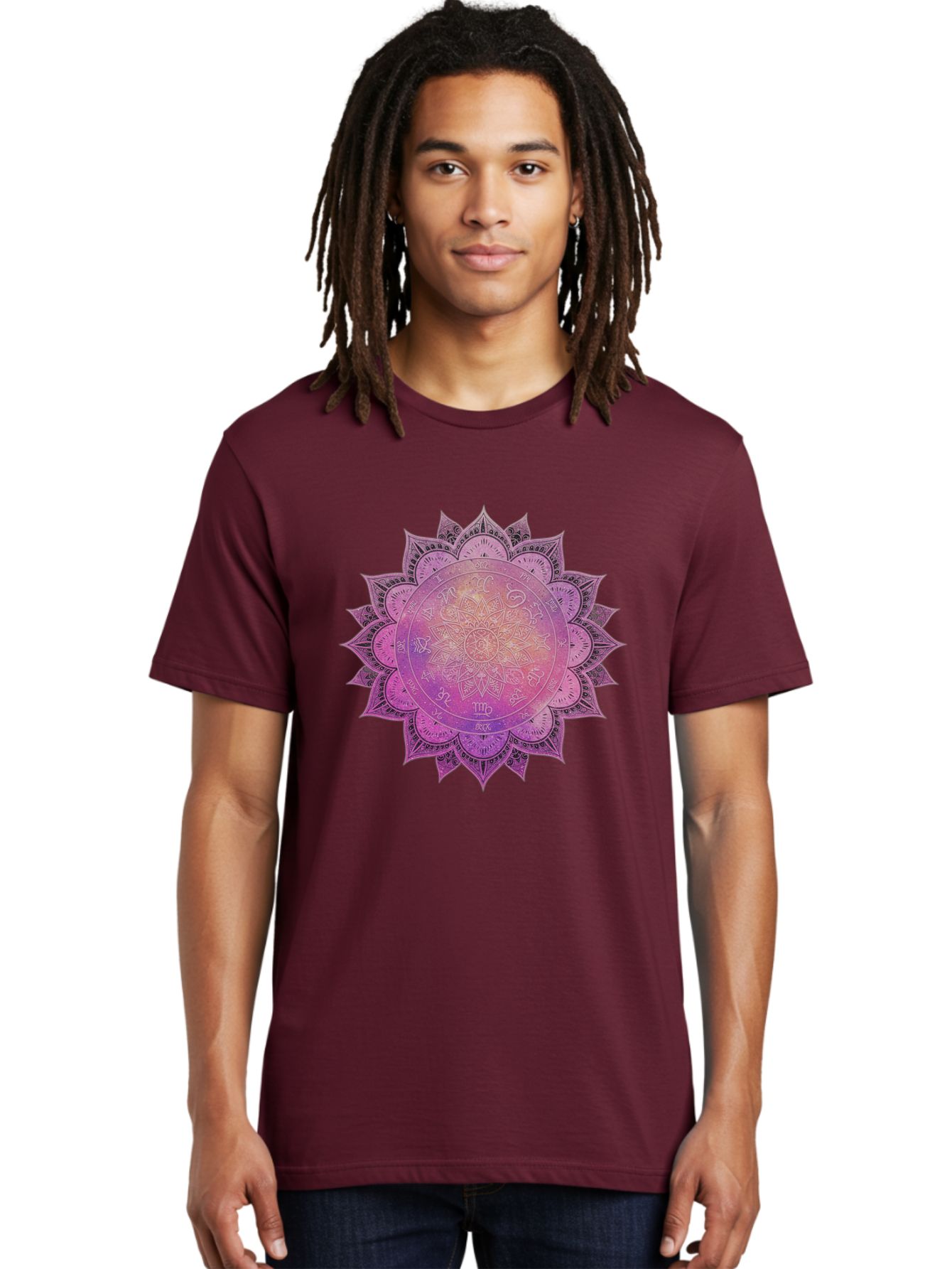 Lotus-Flower-Mandala Men'S Graphic Tee, 100% Cotton, Comfortable Casual Summer Wear, Machine Washable, Sacred Geometry, Spiritual Symbols, Mystical Art, Intricate Patterns, Mandala Design, Purple Hues, Symbolic Representation, Bae223