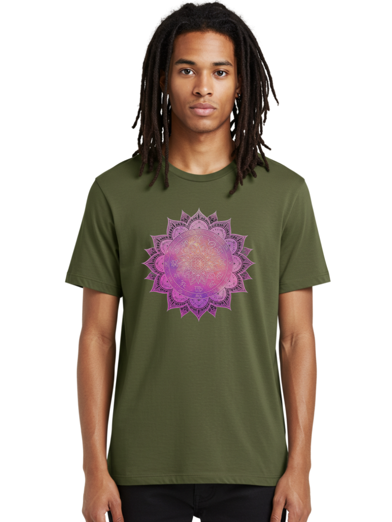 Lotus-Flower-Mandala Men'S Graphic Tee, 100% Cotton, Comfortable Casual Summer Wear, Machine Washable, Sacred Geometry, Spiritual Symbols, Mystical Art, Intricate Patterns, Mandala Design, Purple Hues, Symbolic Representation, Bae223