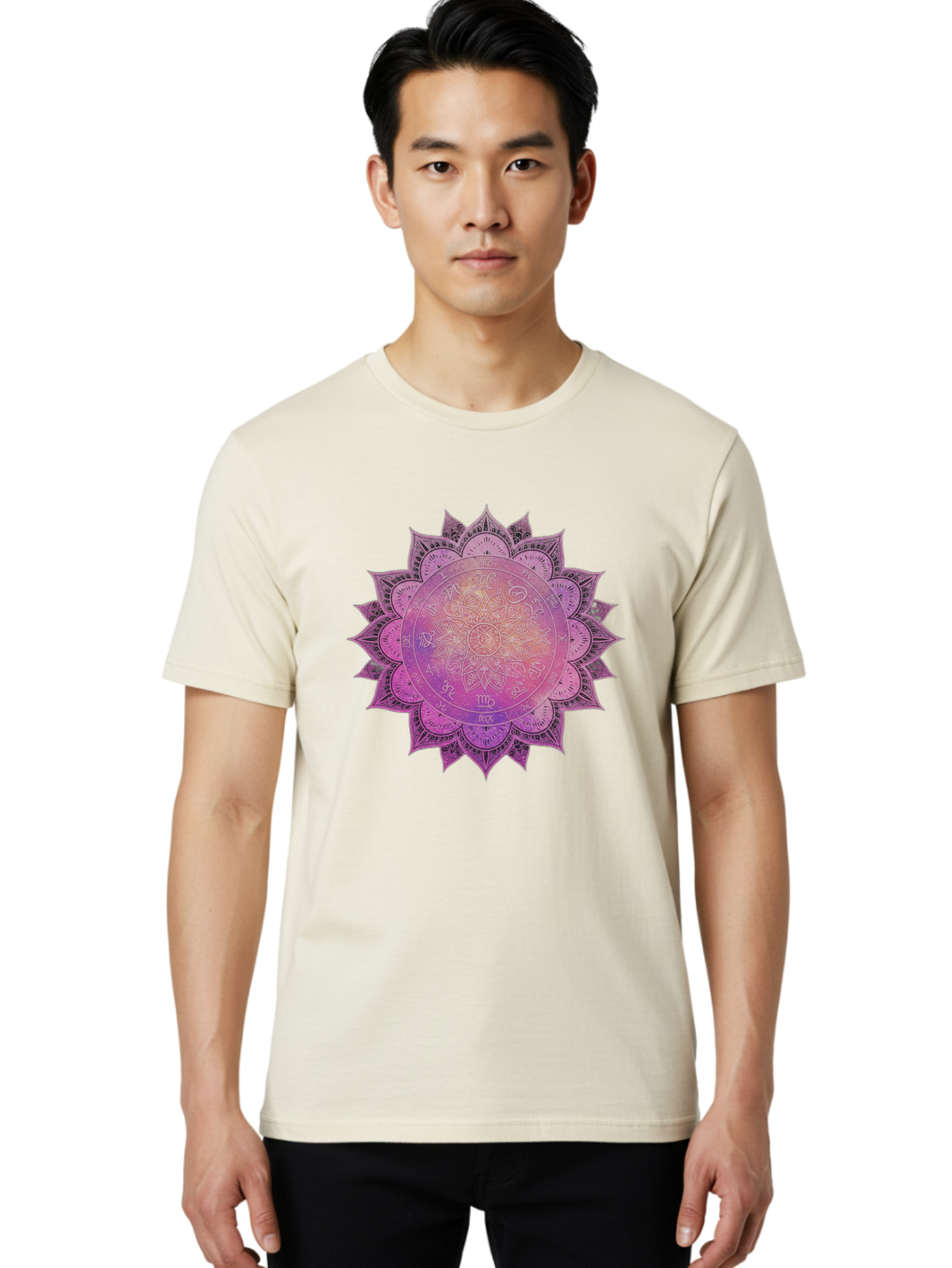 Lotus-Flower-Mandala Men'S Graphic Tee, 100% Cotton, Comfortable Casual Summer Wear, Machine Washable, Sacred Geometry, Spiritual Symbols, Mystical Art, Intricate Patterns, Mandala Design, Purple Hues, Symbolic Representation, Bae223