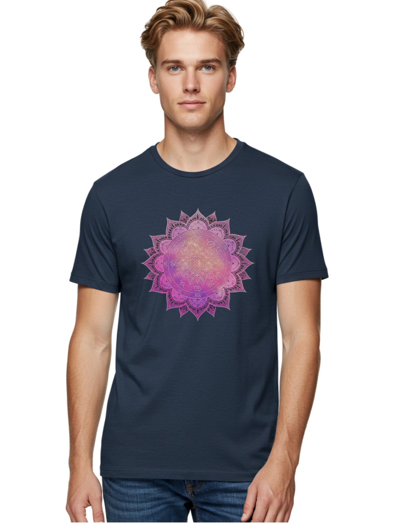 Lotus-Flower-Mandala Men'S Graphic Tee, 100% Cotton, Comfortable Casual Summer Wear, Machine Washable, Sacred Geometry, Spiritual Symbols, Mystical Art, Intricate Patterns, Mandala Design, Purple Hues, Symbolic Representation, Bae223