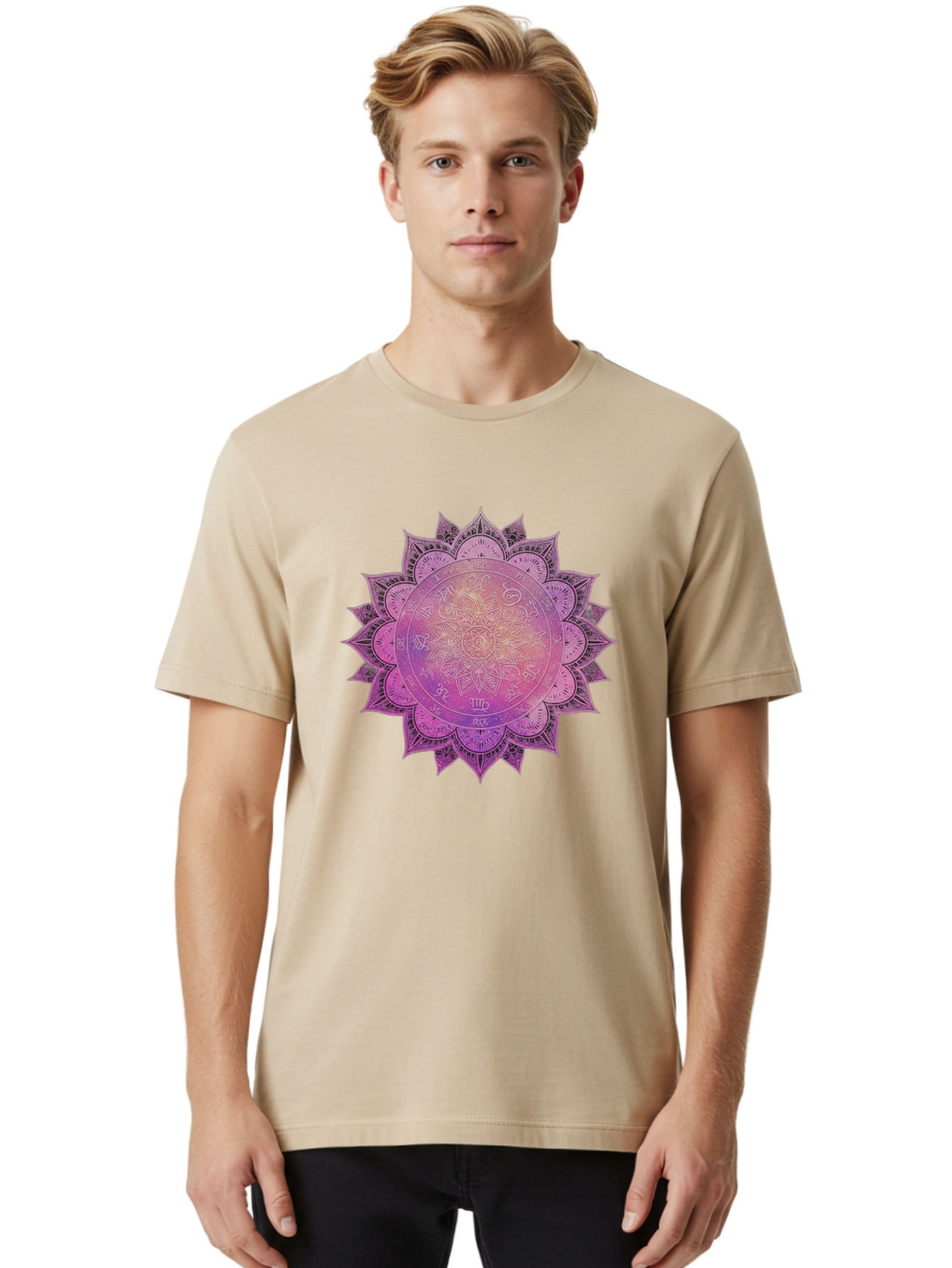 Lotus-Flower-Mandala Men'S Graphic Tee, 100% Cotton, Comfortable Casual Summer Wear, Machine Washable, Sacred Geometry, Spiritual Symbols, Mystical Art, Intricate Patterns, Mandala Design, Purple Hues, Symbolic Representation, Bae223