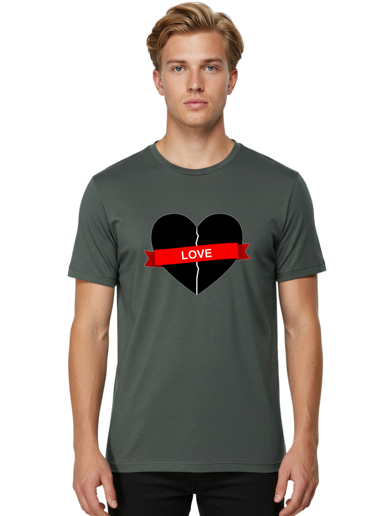 Love-Broken-Heart Men'S Graphic Tee, 100% Cotton, Comfortable Casual Summer Wear, Machine Washable, Broken Heart, Heartbreak, Love Symbol, Red Ribbon, White Text, Split Heart, Cracked Heart, Heart Illustration, Heart Graphic, Torn Love Bae224