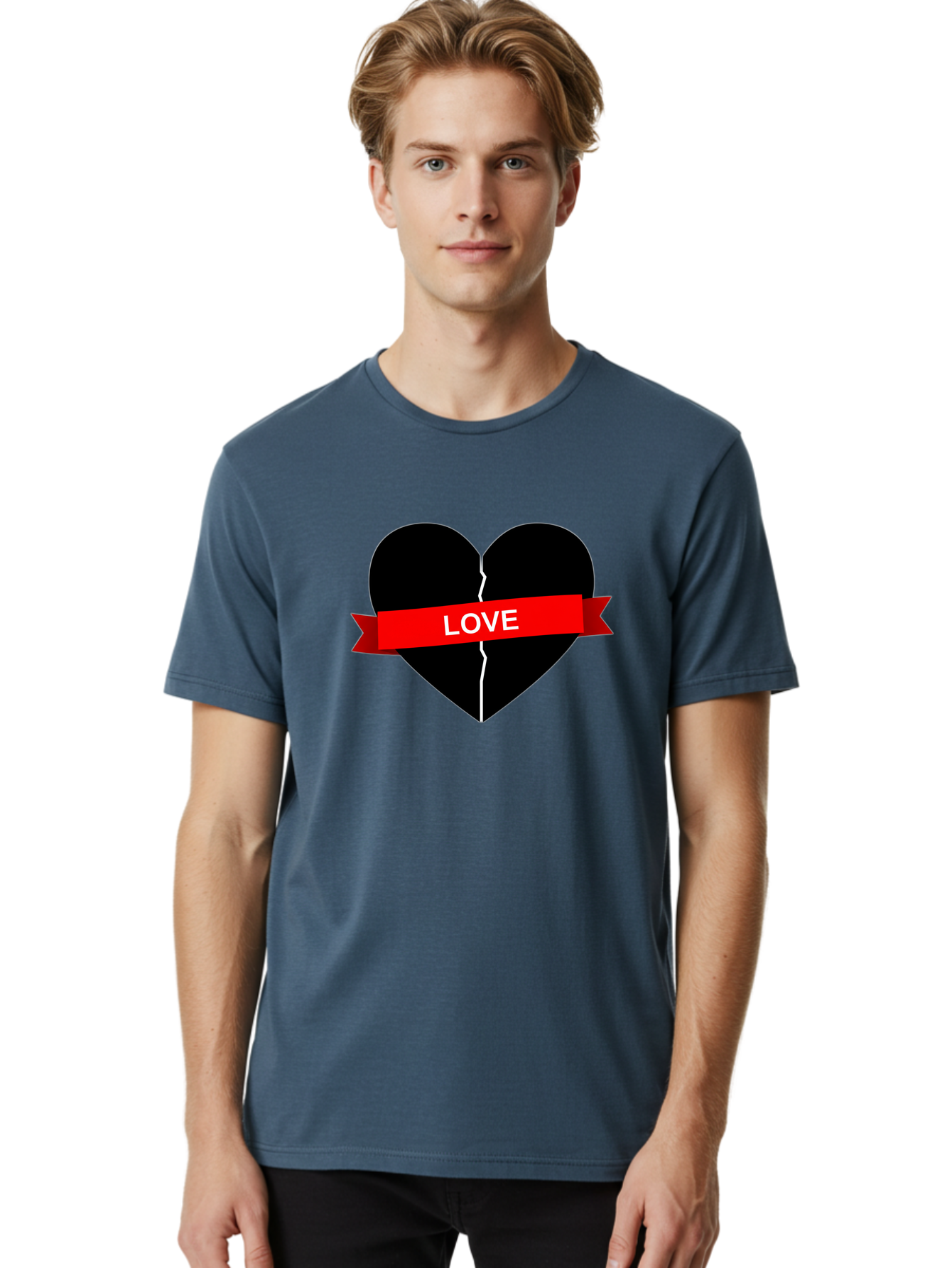 Love-Broken-Heart Men'S Graphic Tee, 100% Cotton, Comfortable Casual Summer Wear, Machine Washable, Broken Heart, Heartbreak, Love Symbol, Red Ribbon, White Text, Split Heart, Cracked Heart, Heart Illustration, Heart Graphic, Torn Love Bae224