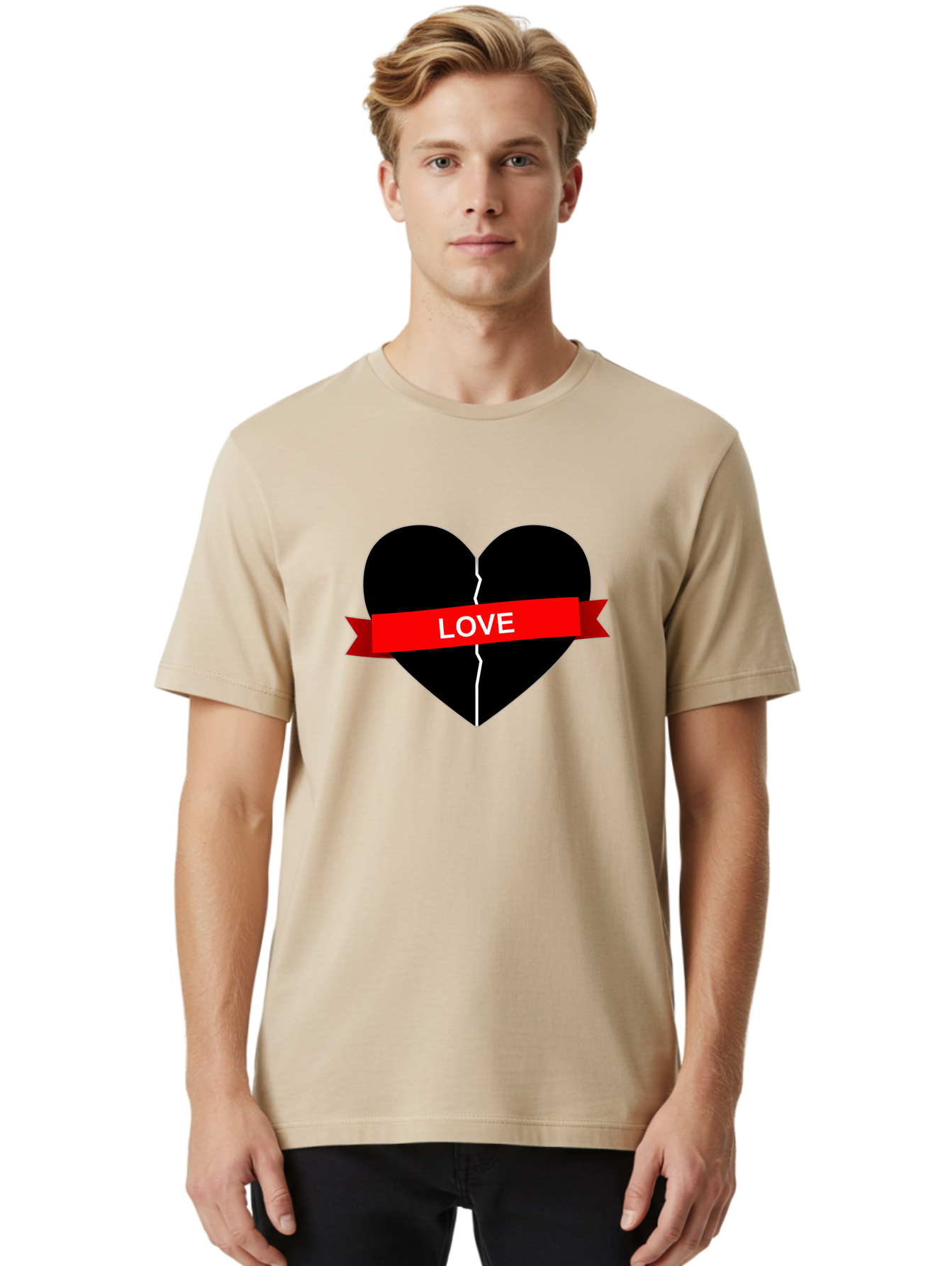 Love-Broken-Heart Men'S Graphic Tee, 100% Cotton, Comfortable Casual Summer Wear, Machine Washable, Broken Heart, Heartbreak, Love Symbol, Red Ribbon, White Text, Split Heart, Cracked Heart, Heart Illustration, Heart Graphic, Torn Love Bae224
