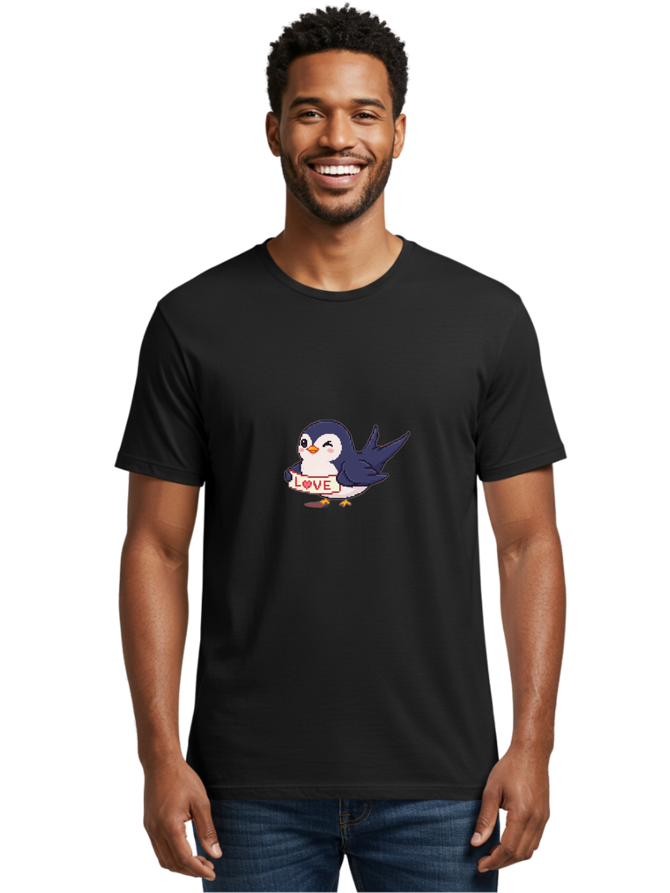 Love-Penguin Men'S Graphic Tee, 100% Cotton, Comfortable Casual Summer Wear, Machine Washable, Cute Penguin, Pixel Art, Love Sign, Heart Symbol, Adorable Animal, Cartoon Character, Sweet Expression, Digital Illustration, Kawaii Style Bae225