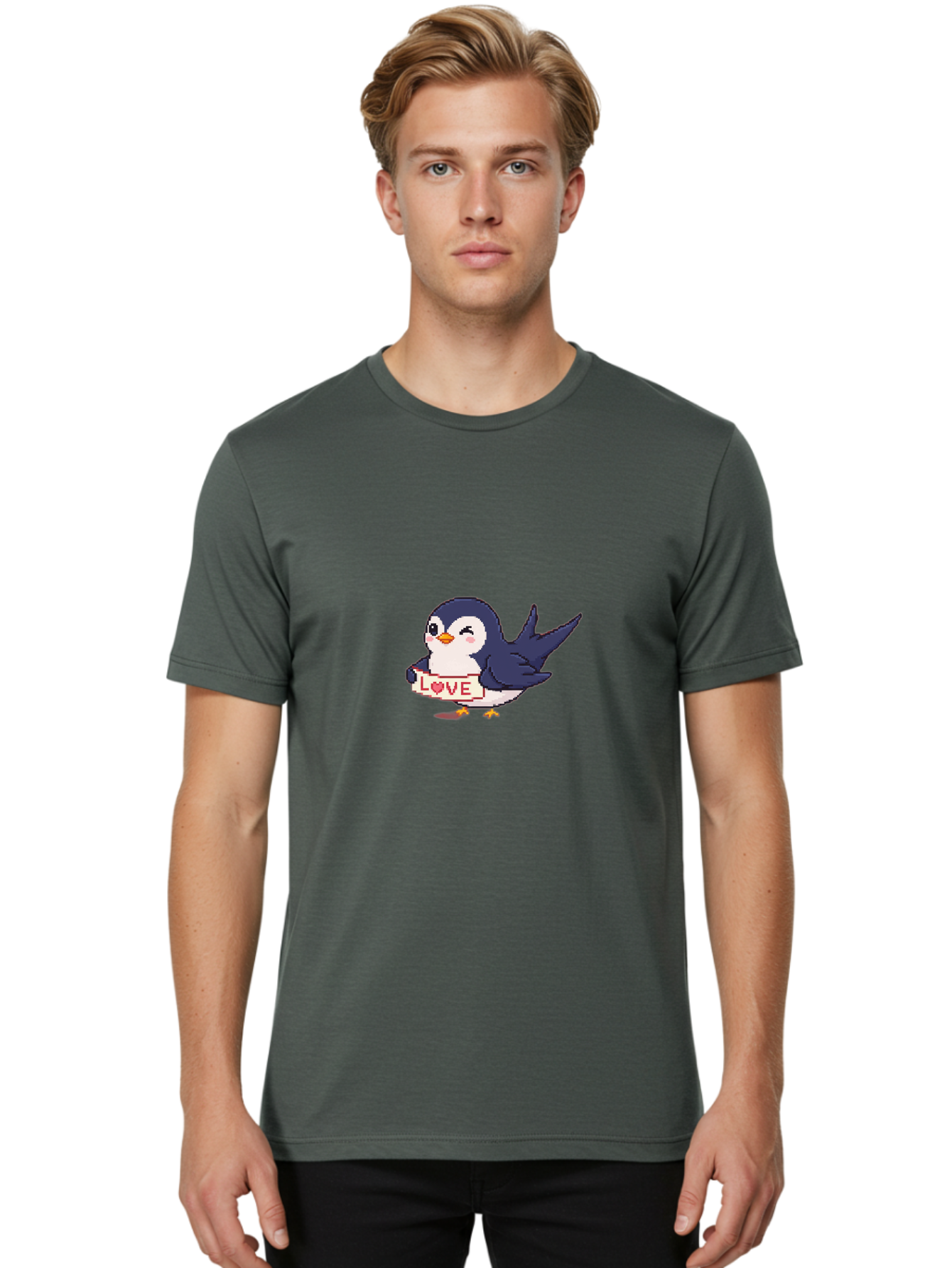 Love-Penguin Men'S Graphic Tee, 100% Cotton, Comfortable Casual Summer Wear, Machine Washable, Cute Penguin, Pixel Art, Love Sign, Heart Symbol, Adorable Animal, Cartoon Character, Sweet Expression, Digital Illustration, Kawaii Style Bae225
