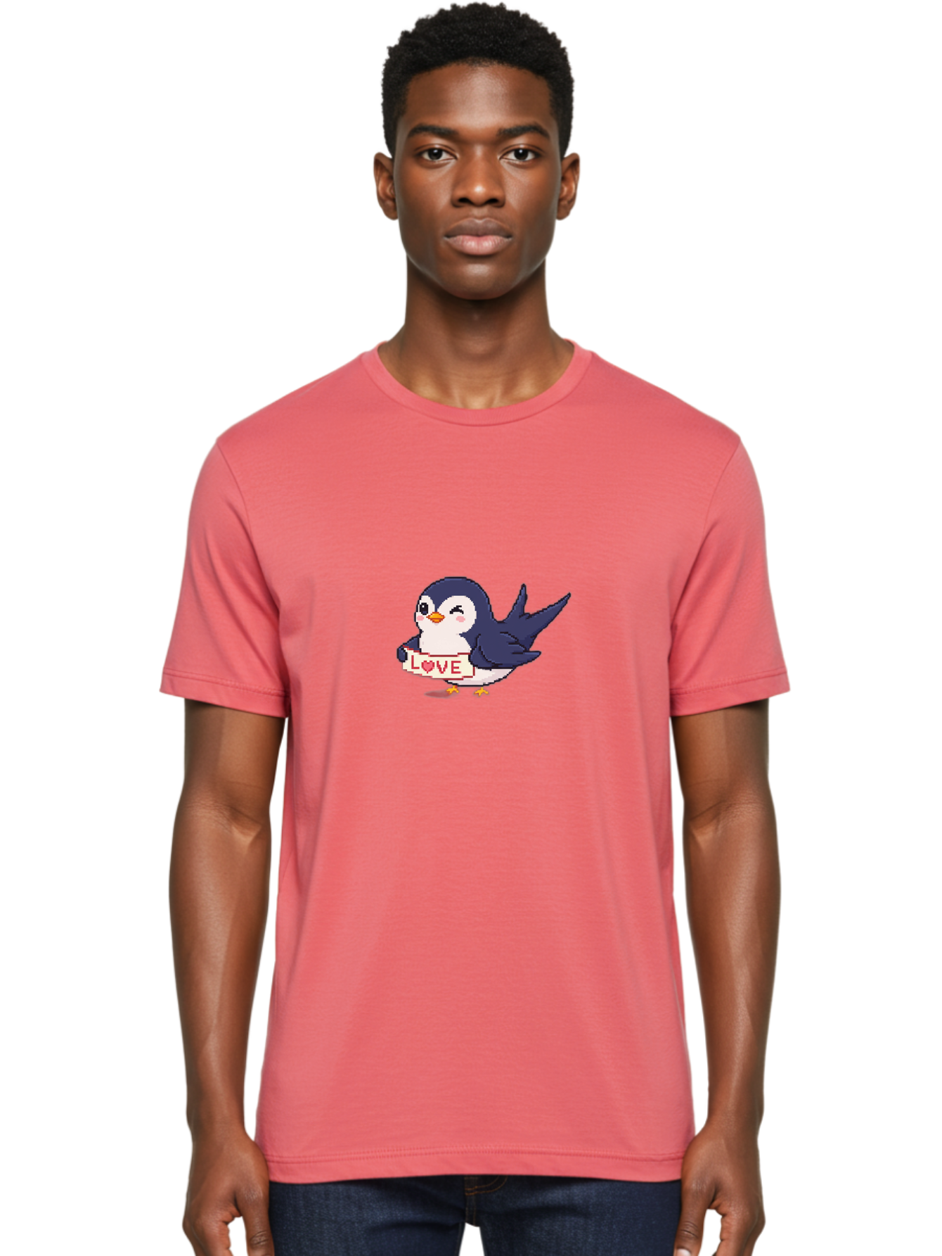 Love-Penguin Men'S Graphic Tee, 100% Cotton, Comfortable Casual Summer Wear, Machine Washable, Cute Penguin, Pixel Art, Love Sign, Heart Symbol, Adorable Animal, Cartoon Character, Sweet Expression, Digital Illustration, Kawaii Style Bae225