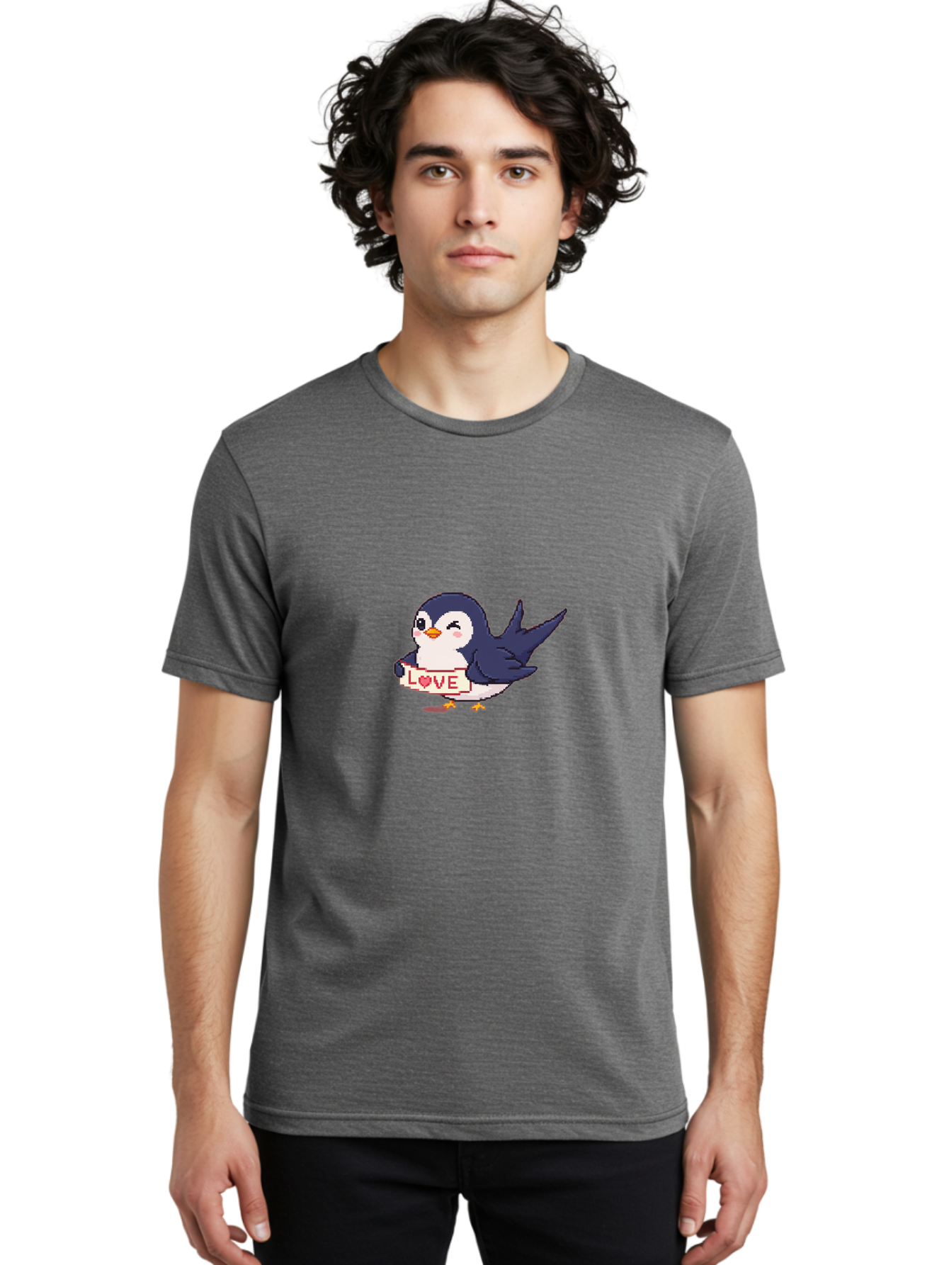 Love-Penguin Men'S Graphic Tee, 100% Cotton, Comfortable Casual Summer Wear, Machine Washable, Cute Penguin, Pixel Art, Love Sign, Heart Symbol, Adorable Animal, Cartoon Character, Sweet Expression, Digital Illustration, Kawaii Style Bae225