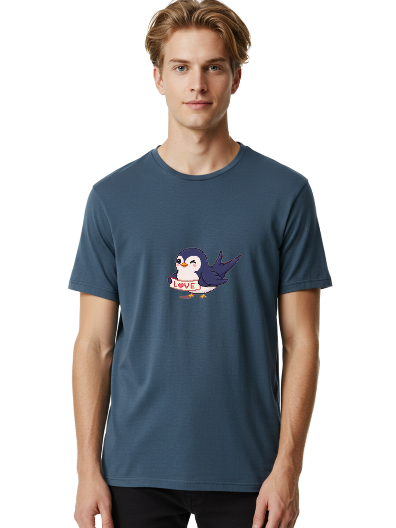 Love-Penguin Men'S Graphic Tee, 100% Cotton, Comfortable Casual Summer Wear, Machine Washable, Cute Penguin, Pixel Art, Love Sign, Heart Symbol, Adorable Animal, Cartoon Character, Sweet Expression, Digital Illustration, Kawaii Style Bae225