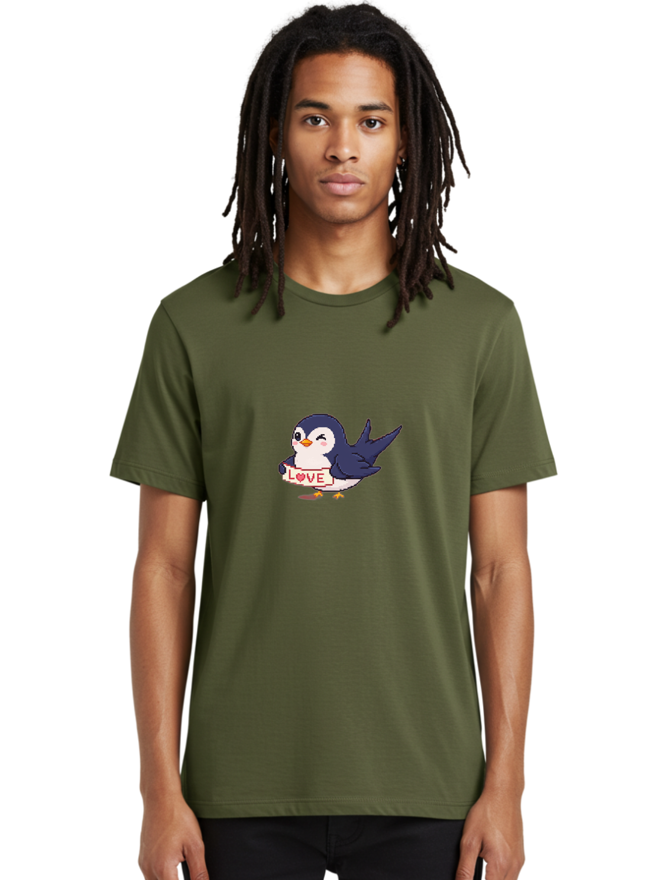 Love-Penguin Men'S Graphic Tee, 100% Cotton, Comfortable Casual Summer Wear, Machine Washable, Cute Penguin, Pixel Art, Love Sign, Heart Symbol, Adorable Animal, Cartoon Character, Sweet Expression, Digital Illustration, Kawaii Style Bae225