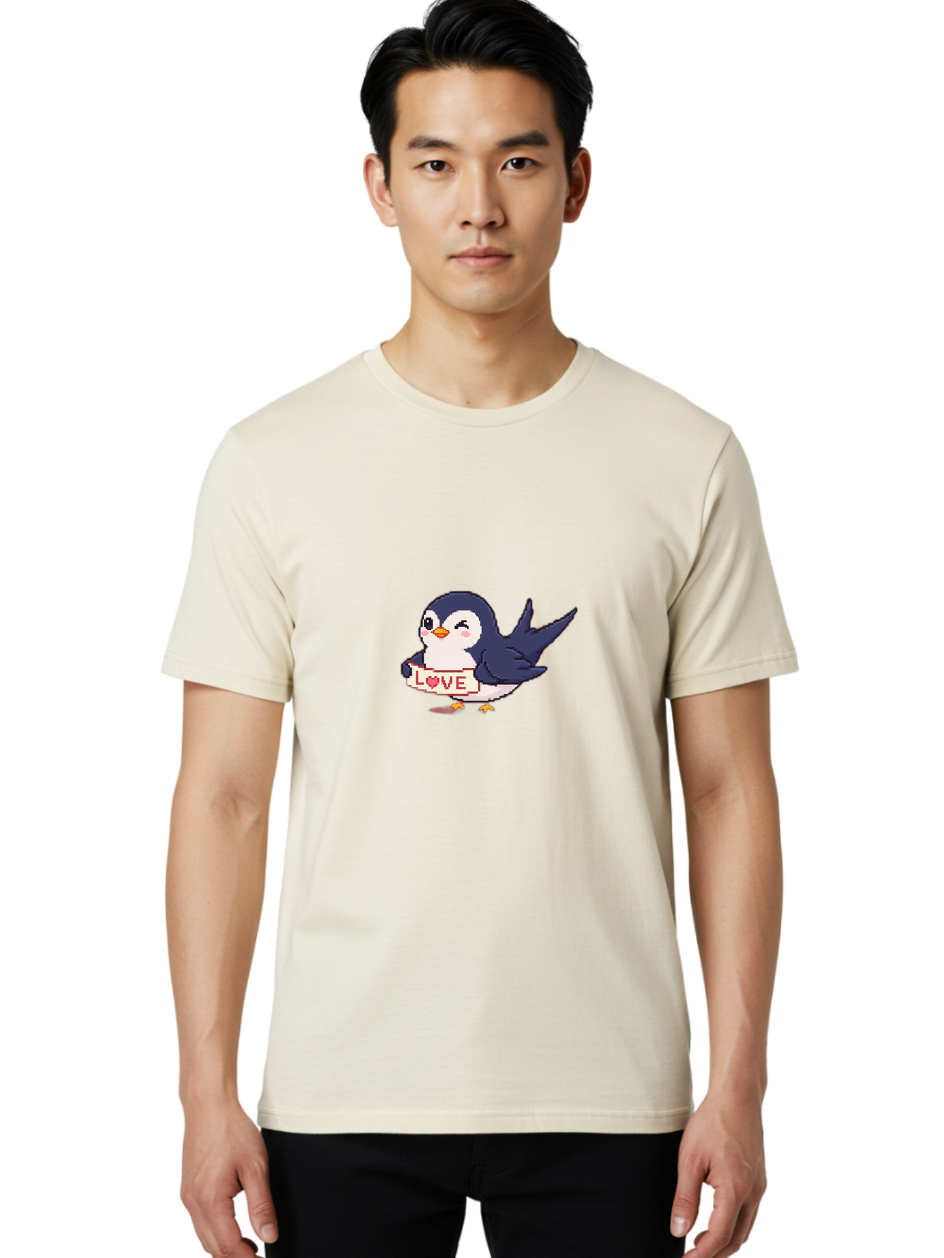 Love-Penguin Men'S Graphic Tee, 100% Cotton, Comfortable Casual Summer Wear, Machine Washable, Cute Penguin, Pixel Art, Love Sign, Heart Symbol, Adorable Animal, Cartoon Character, Sweet Expression, Digital Illustration, Kawaii Style Bae225