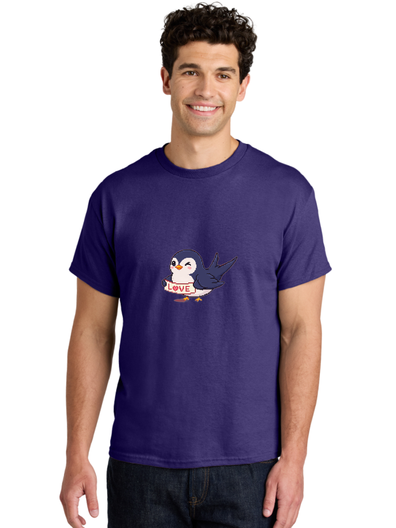 Love-Penguin Men'S Graphic Tee, 100% Cotton, Comfortable Casual Summer Wear, Machine Washable, Cute Penguin, Pixel Art, Love Sign, Heart Symbol, Adorable Animal, Cartoon Character, Sweet Expression, Digital Illustration, Kawaii Style Bae225