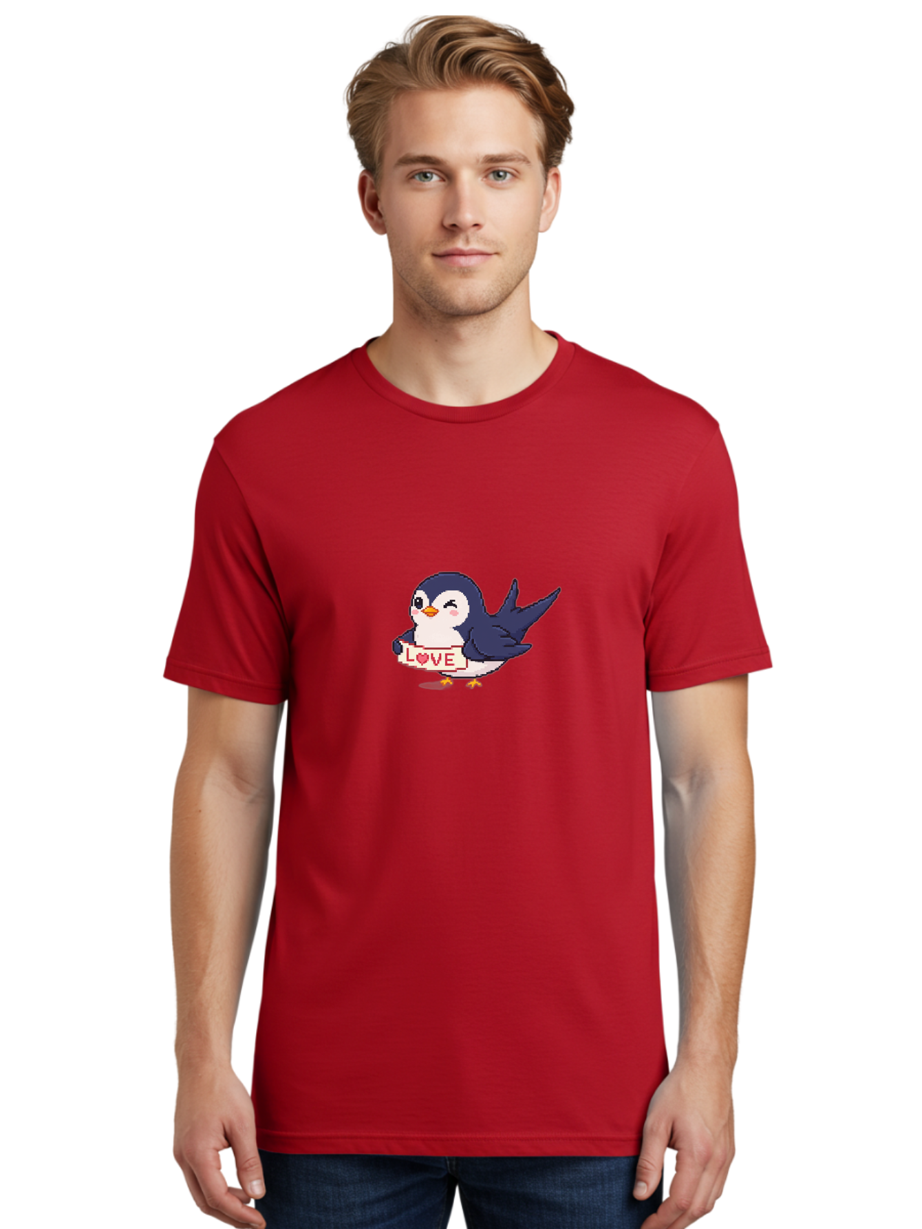 Love-Penguin Men'S Graphic Tee, 100% Cotton, Comfortable Casual Summer Wear, Machine Washable, Cute Penguin, Pixel Art, Love Sign, Heart Symbol, Adorable Animal, Cartoon Character, Sweet Expression, Digital Illustration, Kawaii Style Bae225