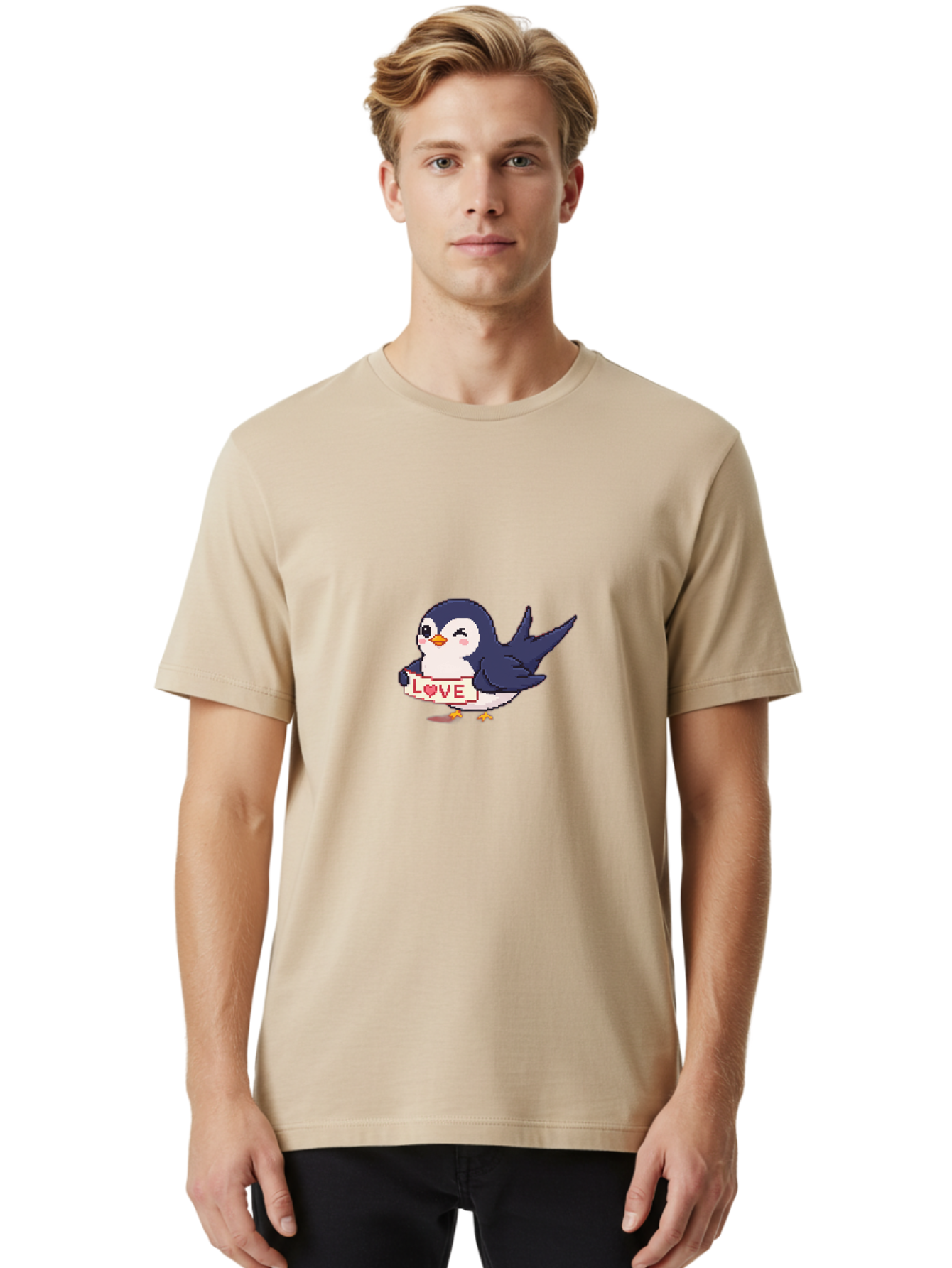 Love-Penguin Men'S Graphic Tee, 100% Cotton, Comfortable Casual Summer Wear, Machine Washable, Cute Penguin, Pixel Art, Love Sign, Heart Symbol, Adorable Animal, Cartoon Character, Sweet Expression, Digital Illustration, Kawaii Style Bae225
