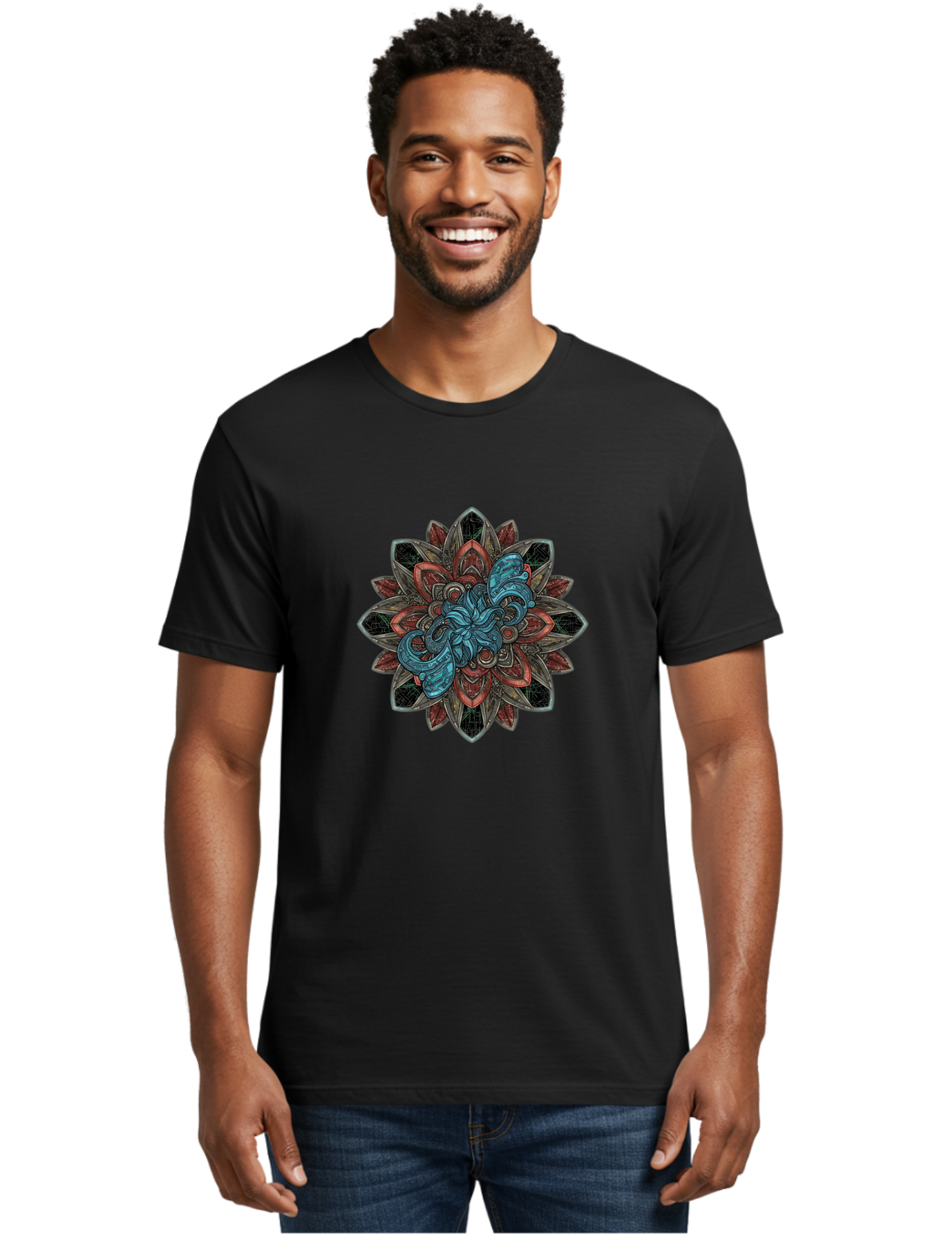 Mandala-Design Men'S Graphic Tee, 100% Cotton, Comfortable Casual Summer Wear, Machine Washable, Intricate Mandala Design, Octopus In The Center, Swirling Tentacles, Bohemian Art, Vibrant Colors, Abstract Patterns, Symbolic Artwork, Bae228
