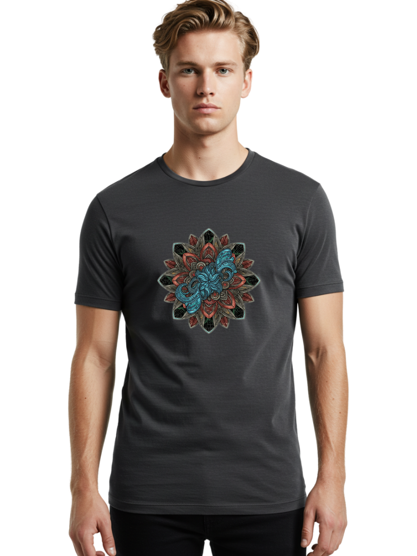 Mandala-Design Men'S Graphic Tee, 100% Cotton, Comfortable Casual Summer Wear, Machine Washable, Intricate Mandala Design, Octopus In The Center, Swirling Tentacles, Bohemian Art, Vibrant Colors, Abstract Patterns, Symbolic Artwork, Bae228