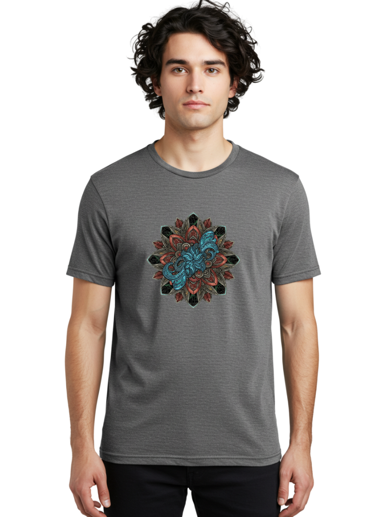 Mandala-Design Men'S Graphic Tee, 100% Cotton, Comfortable Casual Summer Wear, Machine Washable, Intricate Mandala Design, Octopus In The Center, Swirling Tentacles, Bohemian Art, Vibrant Colors, Abstract Patterns, Symbolic Artwork, Bae228