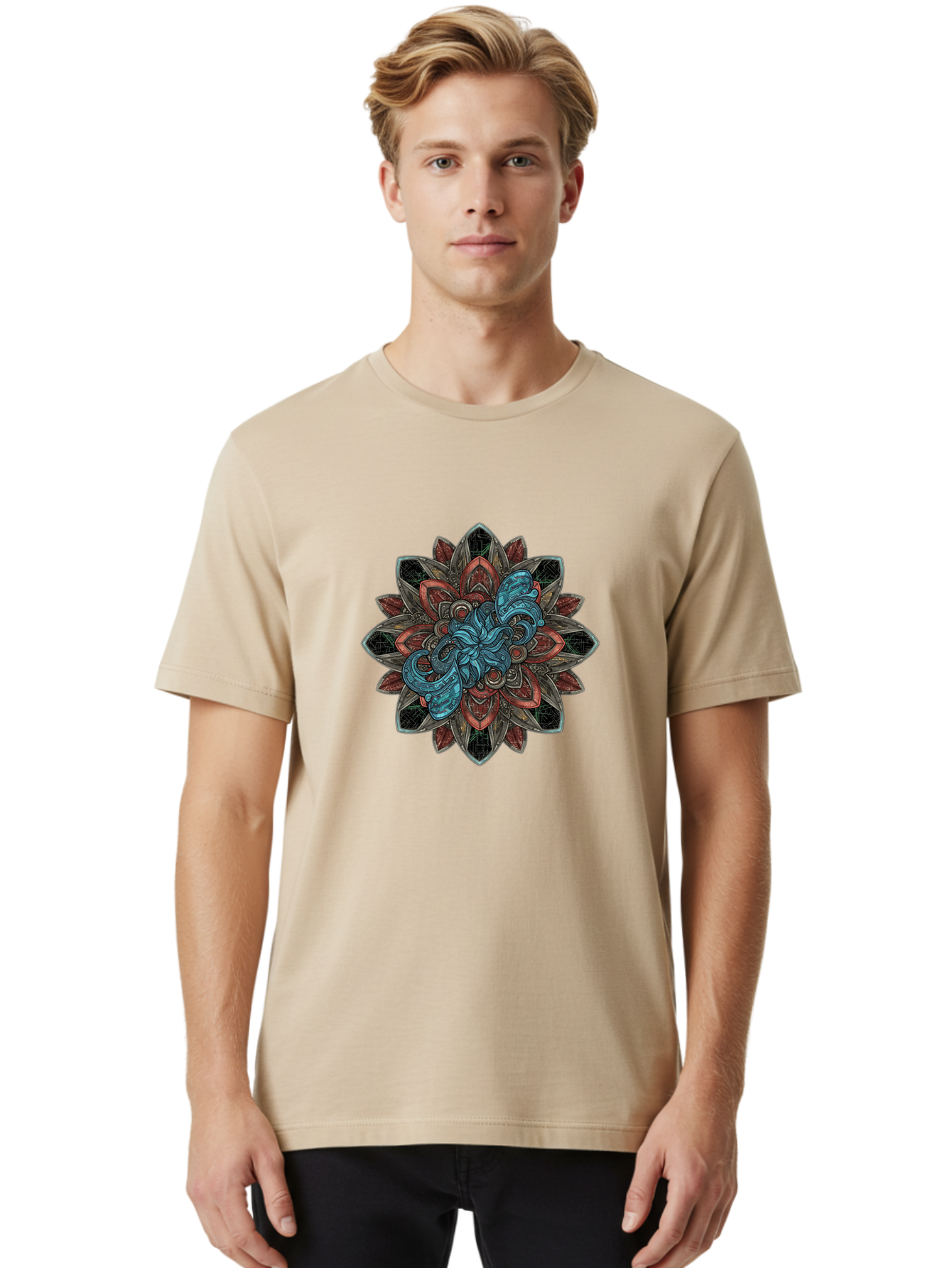 Mandala-Design Men'S Graphic Tee, 100% Cotton, Comfortable Casual Summer Wear, Machine Washable, Intricate Mandala Design, Octopus In The Center, Swirling Tentacles, Bohemian Art, Vibrant Colors, Abstract Patterns, Symbolic Artwork, Bae228