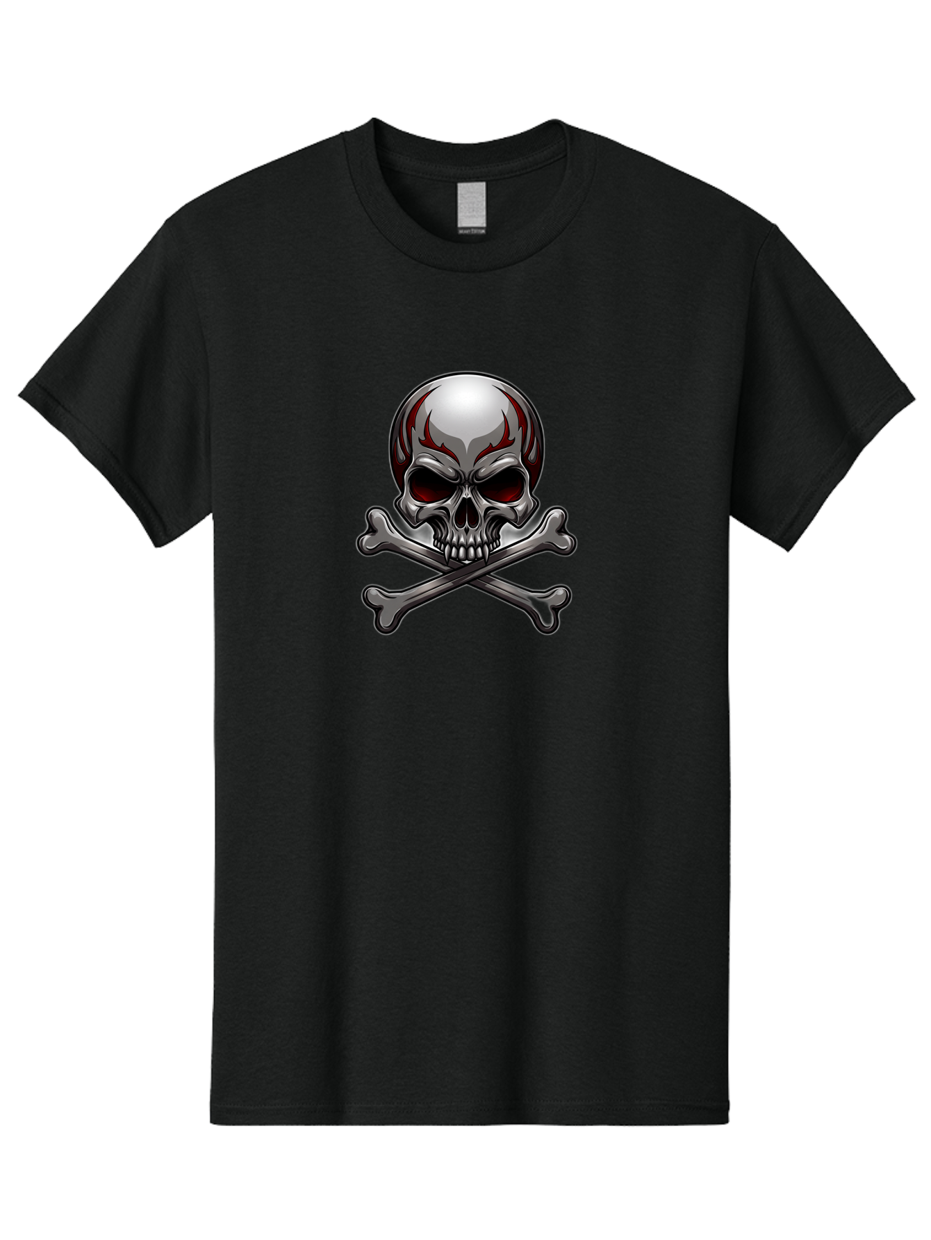 Metal-Skull Men'S Graphic Tee, 100% Cotton, Comfortable Casual Summer Wear, Machine Washable, Skull And Crossbones, Silver Skull, Red Flames, Danger Symbol, Warning Sign, Halloween Theme, Gothic Design, Bold Graphics, Edgy Art Bae230