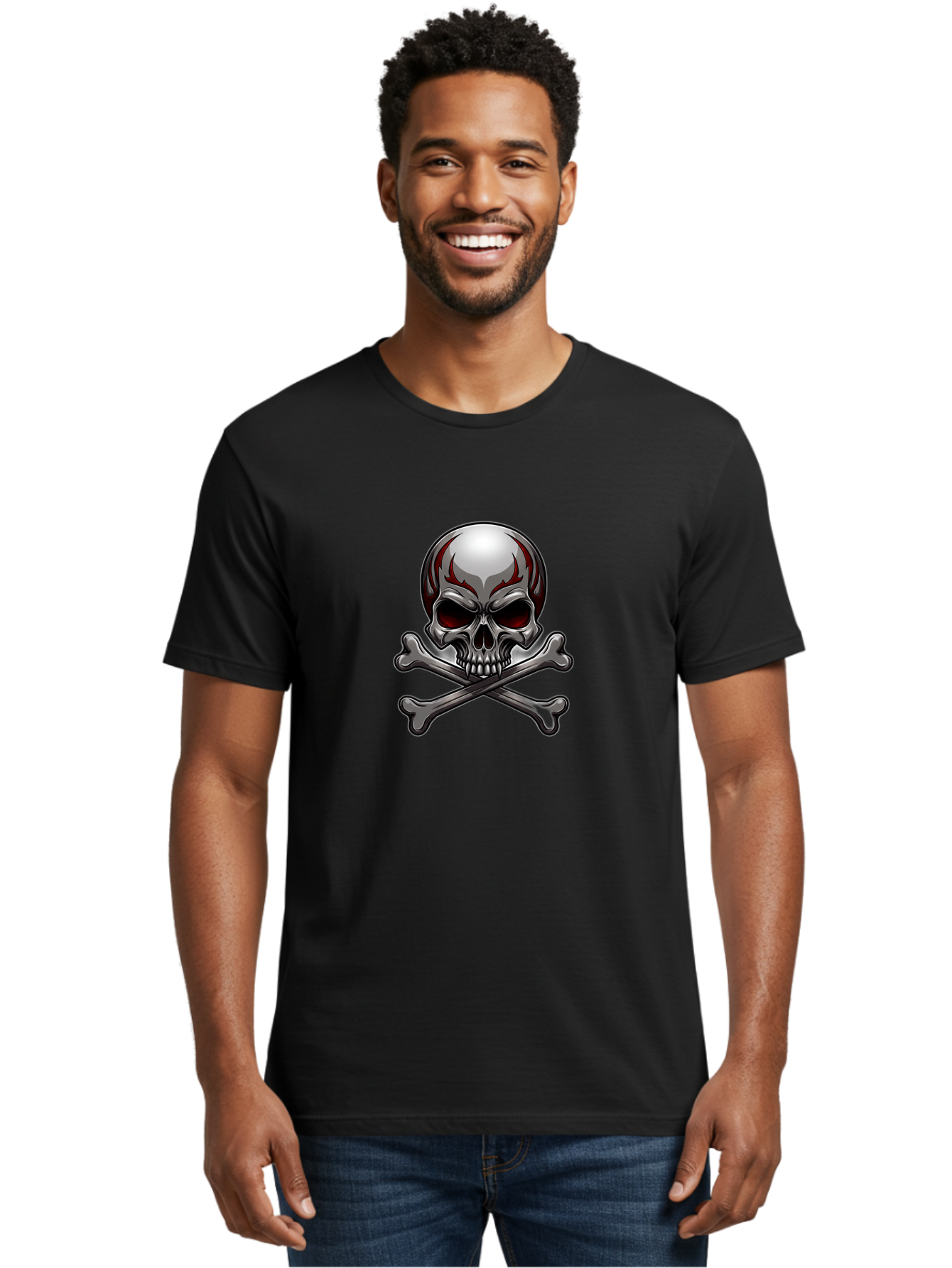 Metal-Skull Men'S Graphic Tee, 100% Cotton, Comfortable Casual Summer Wear, Machine Washable, Skull And Crossbones, Silver Skull, Red Flames, Danger Symbol, Warning Sign, Halloween Theme, Gothic Design, Bold Graphics, Edgy Art Bae230