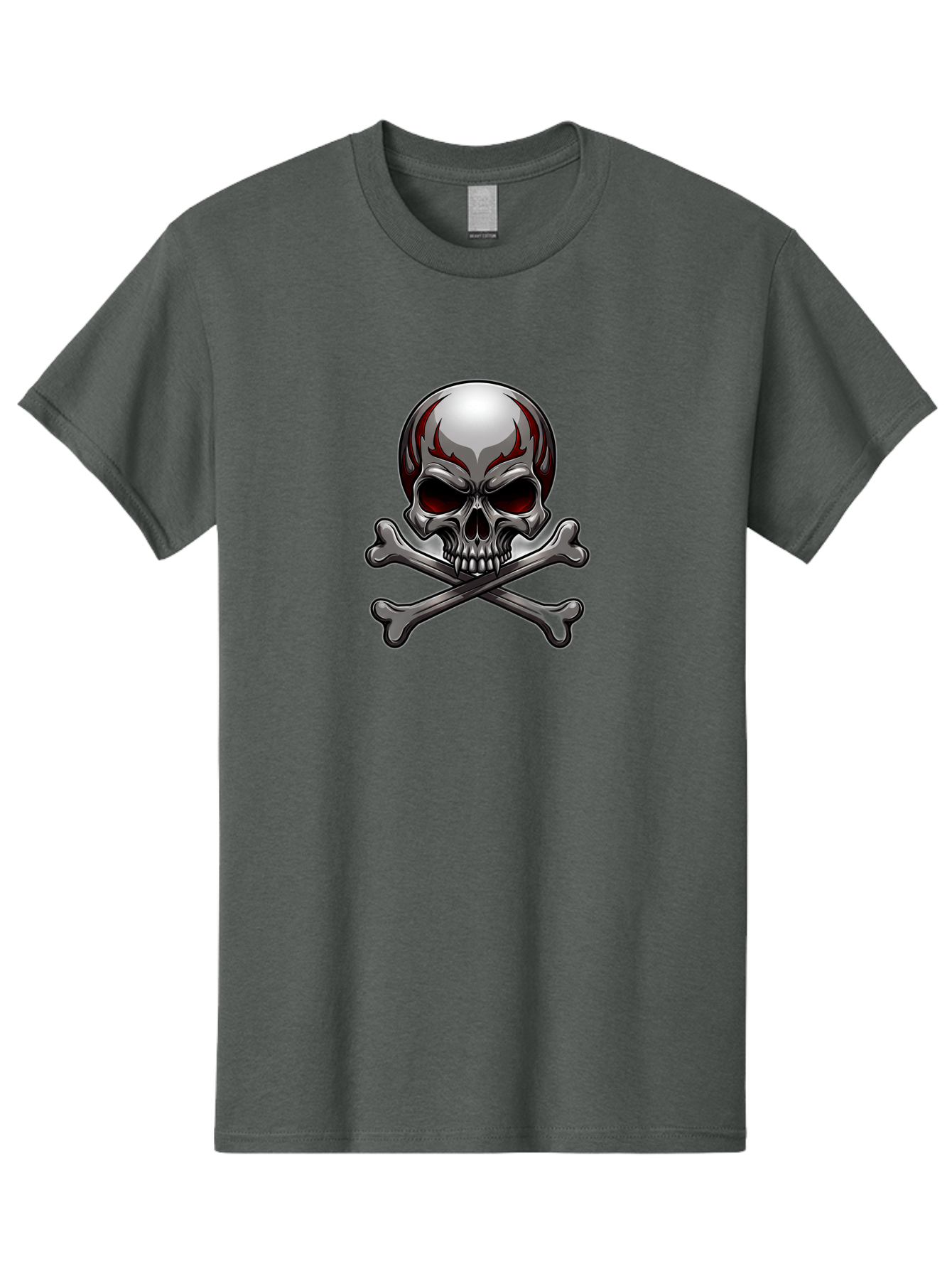 Metal-Skull Men'S Graphic Tee, 100% Cotton, Comfortable Casual Summer Wear, Machine Washable, Skull And Crossbones, Silver Skull, Red Flames, Danger Symbol, Warning Sign, Halloween Theme, Gothic Design, Bold Graphics, Edgy Art Bae230
